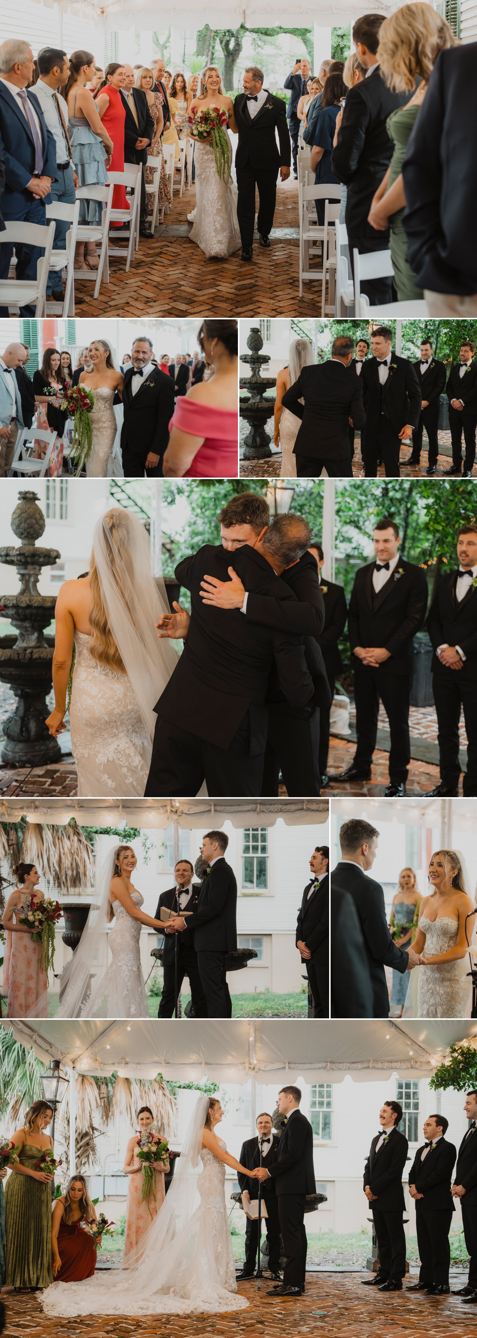 Outdoor courtyard wedding ceremony at Degas House with bride, groom, wedding party, and guests