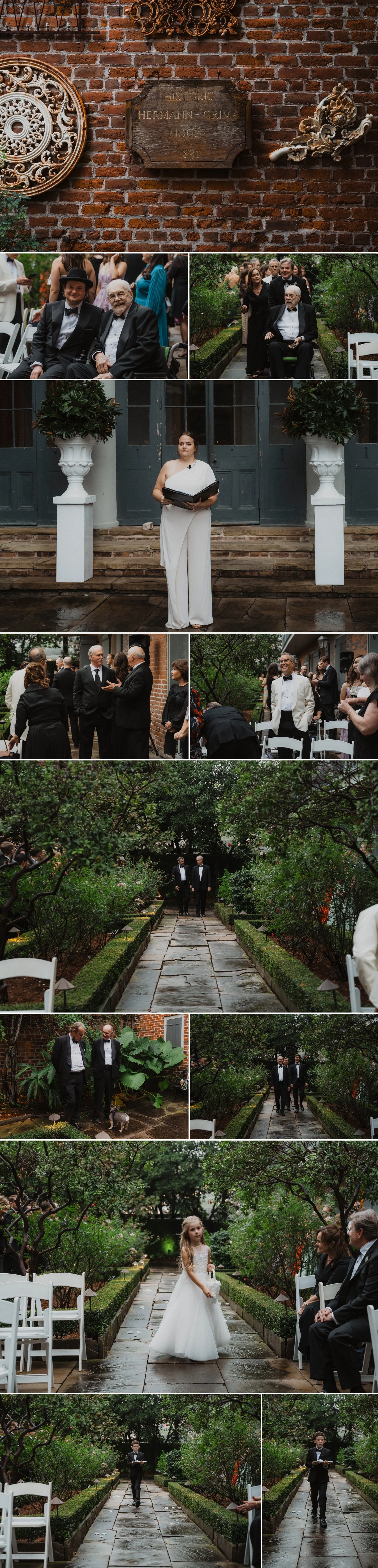 Two grooms exchanging rings during courtyard ceremony at Hermann-Grima House New Orleans