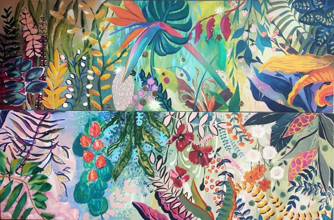 Diptych collaboration with group of artist friends, acrylic on canvas, 2018