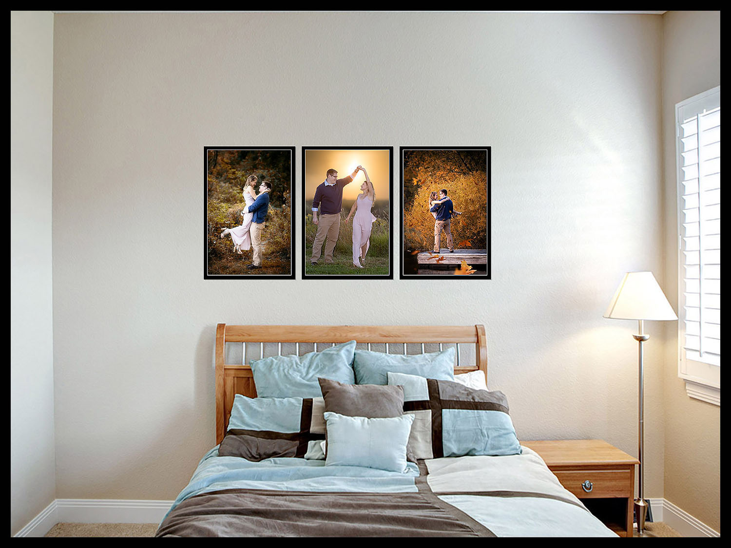 Engagement pictures on wall.