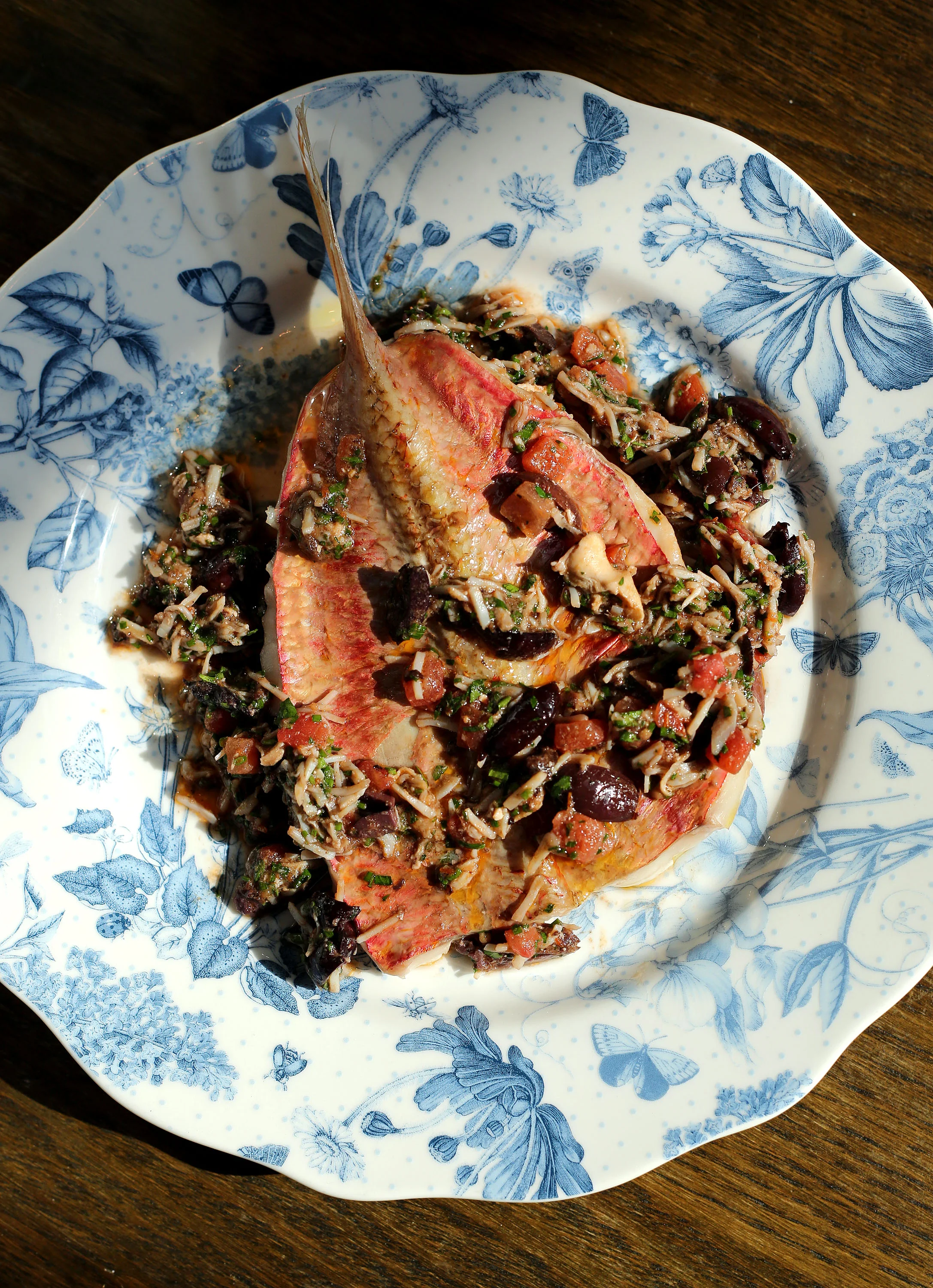 Red mullet with puttanesca dressing, Lime Wood.