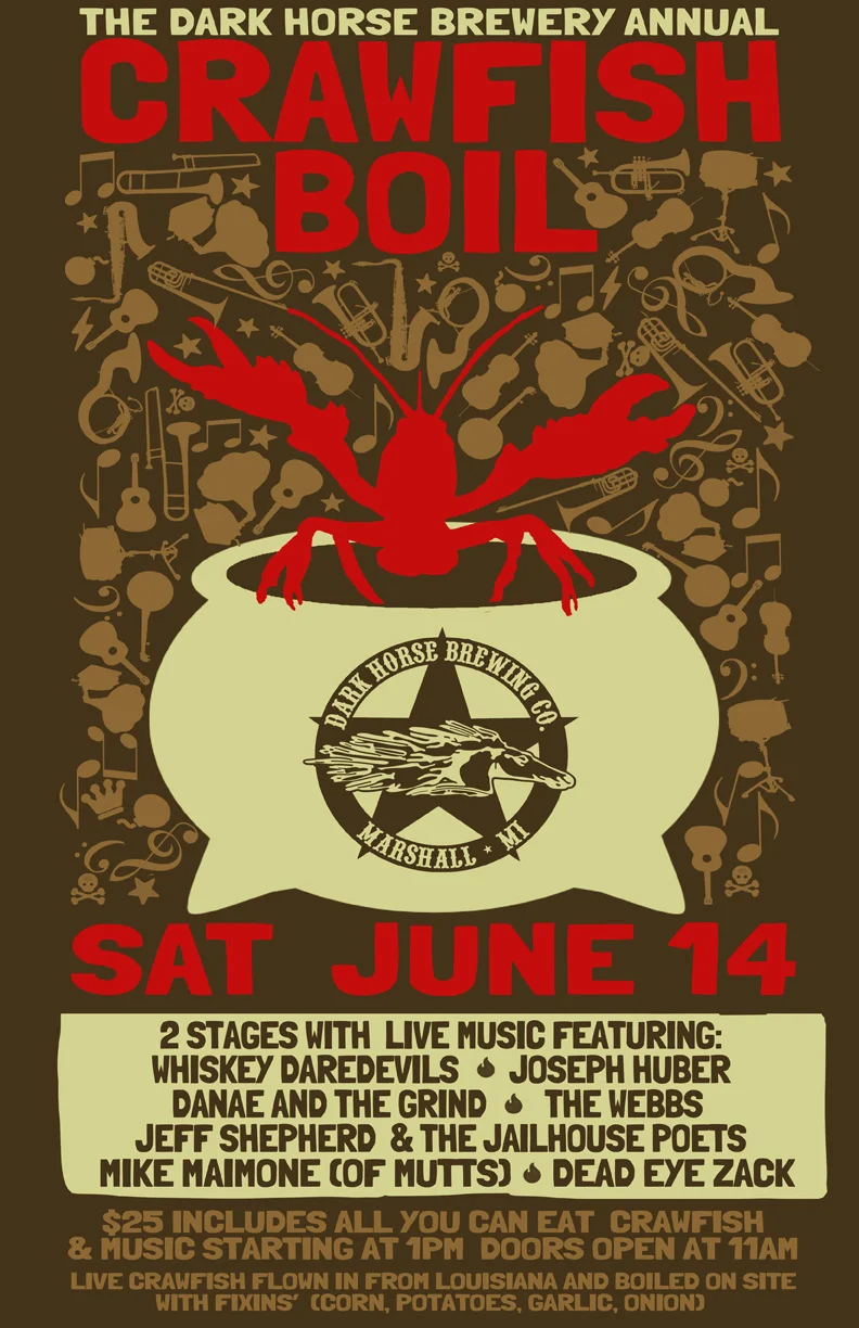 Details: All you can eat crawfish and fixings. Crawfish and music will be initiated at 1pm. $25 per person. Free to children 5 and under, $10 children 6 to 18. 21 and under must be accompanied by a parent or guardian. Draft List: Crooked Tree IPA Raspberry Ale Reserve Special Black Ale Boffo Brown Ale Amber Ale Sapient Trip Ale Smells Like A Safety Meeting IPA Thirsty Trout Porter Fore Smoked Stout Barracuda Blue CoffPA Boffo's Belgian Cousin Edacsac Eert Dekoorc Sweet Leif