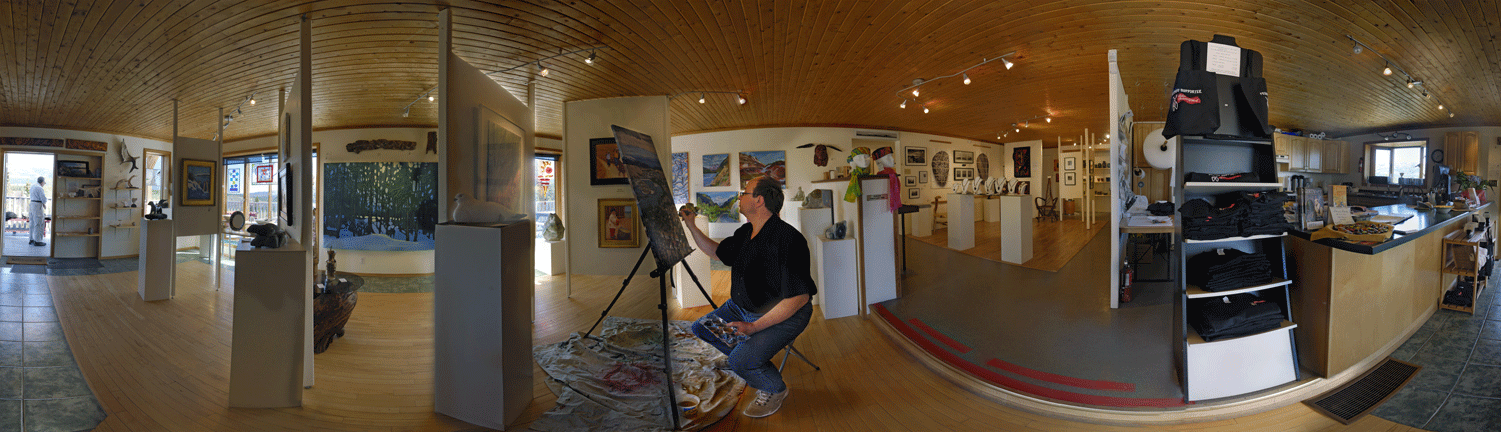 John painting at Yukon Artists @ Work gallery, circa 1987. Photo by Mark Prins, Inanda Photography