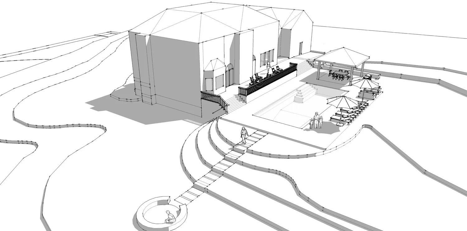 Project Location: Great Falls, VA Project Type: Single Family Residential Completion: In-Progress Design Elements: Two design concepts including a new backyard pool, deck, dining area, grill space, and front entry walkway Drawings By: Moody Landscape Architecture 