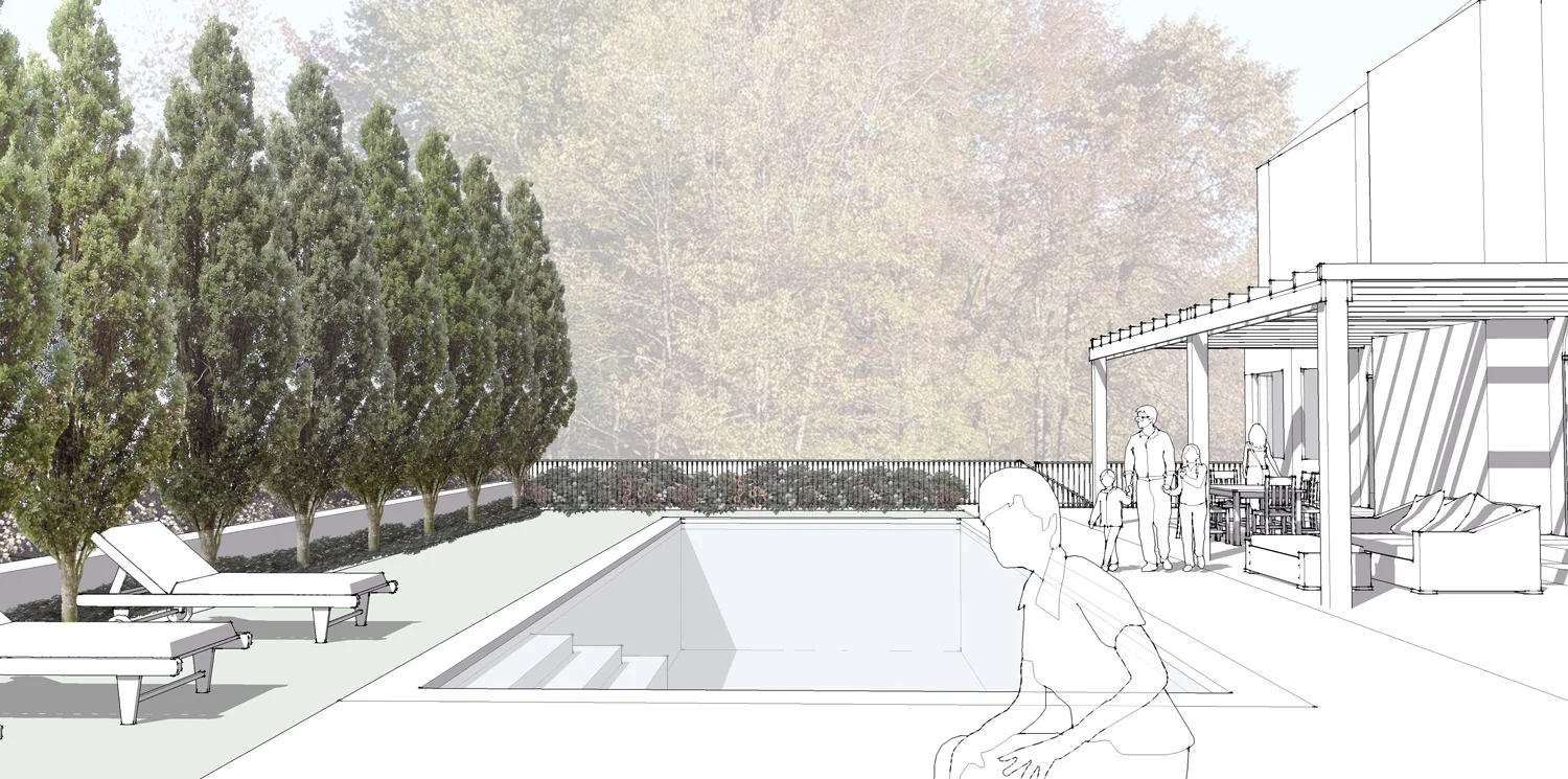 Project Location: Great Falls, VA Project Type: Single Family Residential Completion: In-Progress Design Elements: Two design concepts including a new backyard pool, deck, dining area, grill space, and front entry walkway Drawings By: Moody Landscape Architecture 