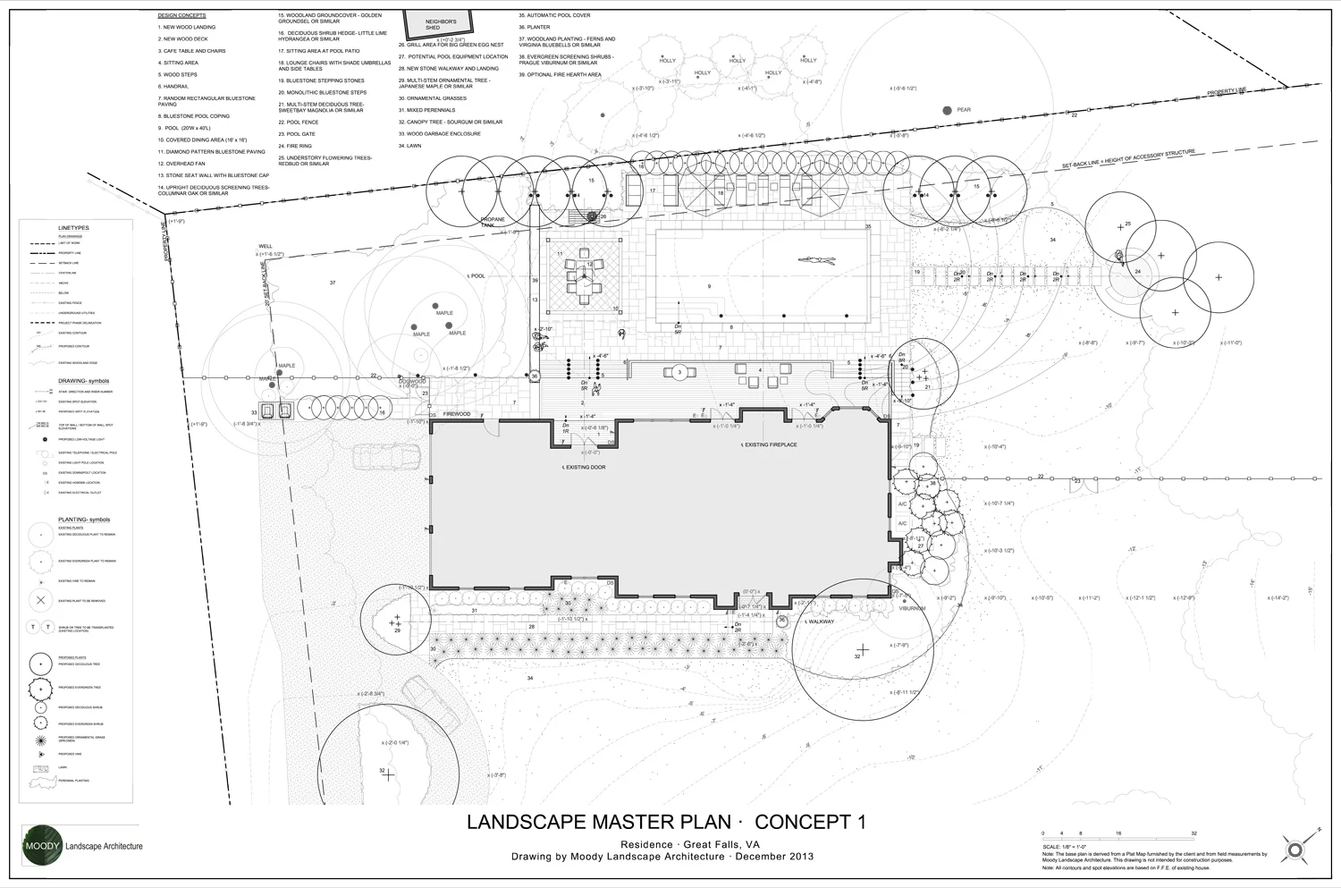 Project Location: Great Falls, VA Project Type: Single Family Residential Completion: In-Progress Design Elements: Two design concepts including a new backyard pool, deck, dining area, grill space, and front entry walkway Drawings By: Moody Landscape Architecture 