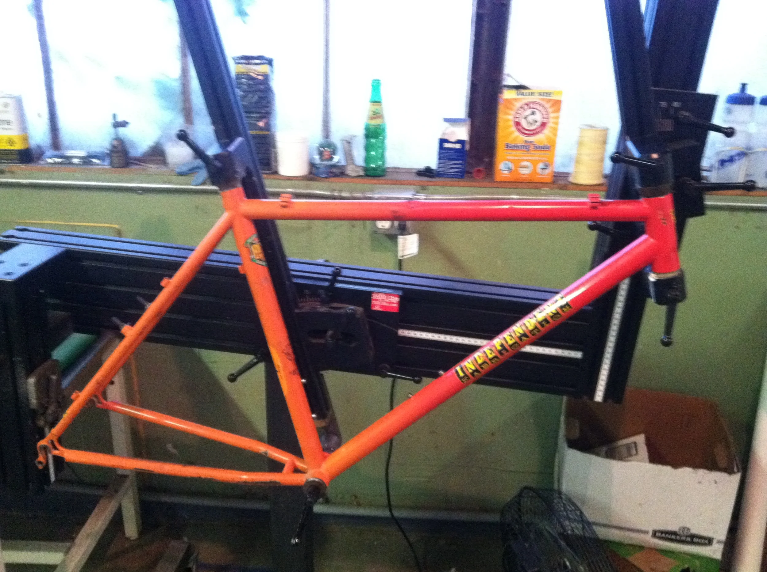 Step one, setting the frame up in the frame fixture. This will hold everything in place when tacking in the new tube.