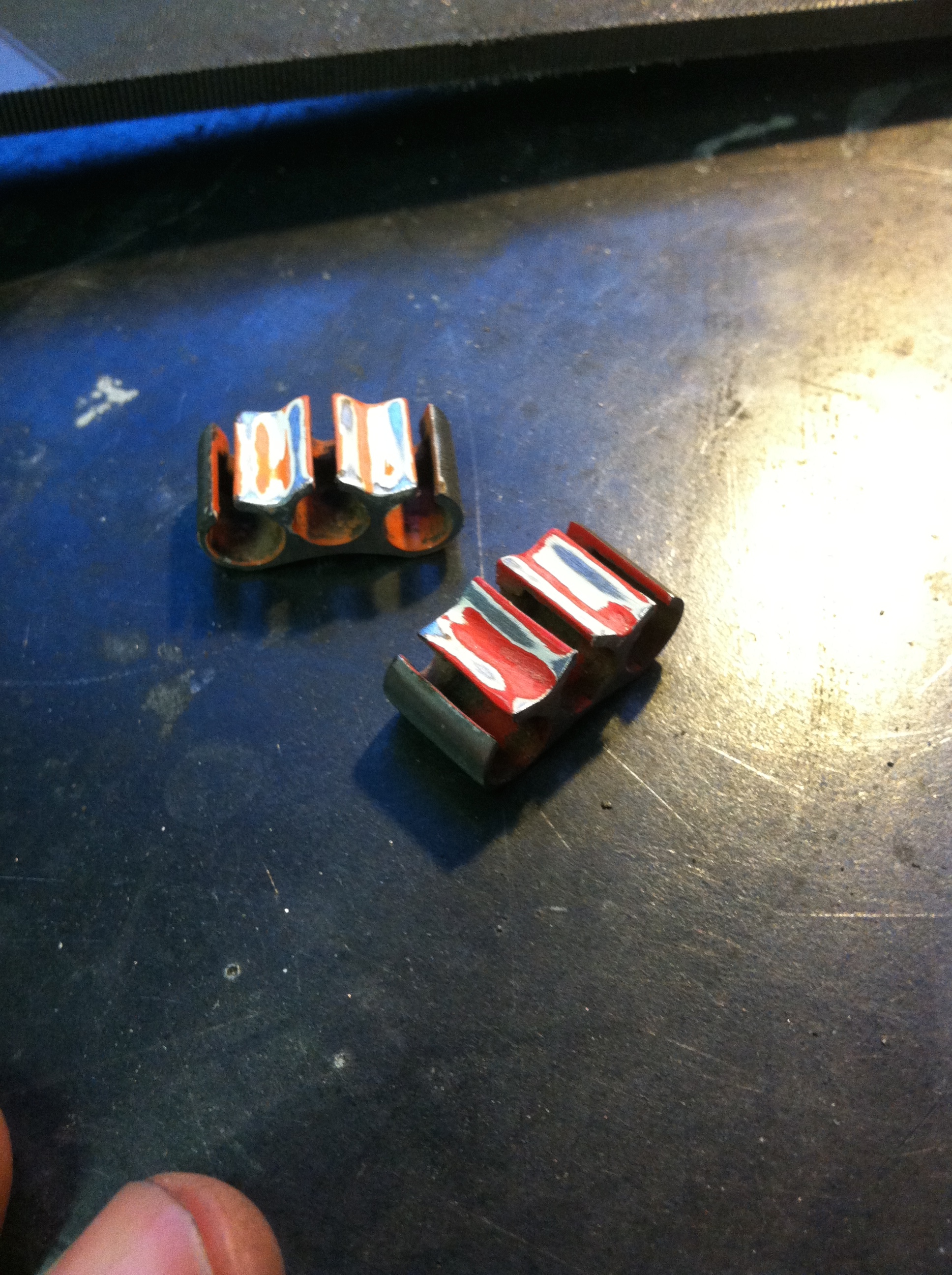 Didn't have any matching cable stops in my stock, so I removed the old ones from the old TT and cleaned them up enough that the paint wouldn't interfere with brazing.