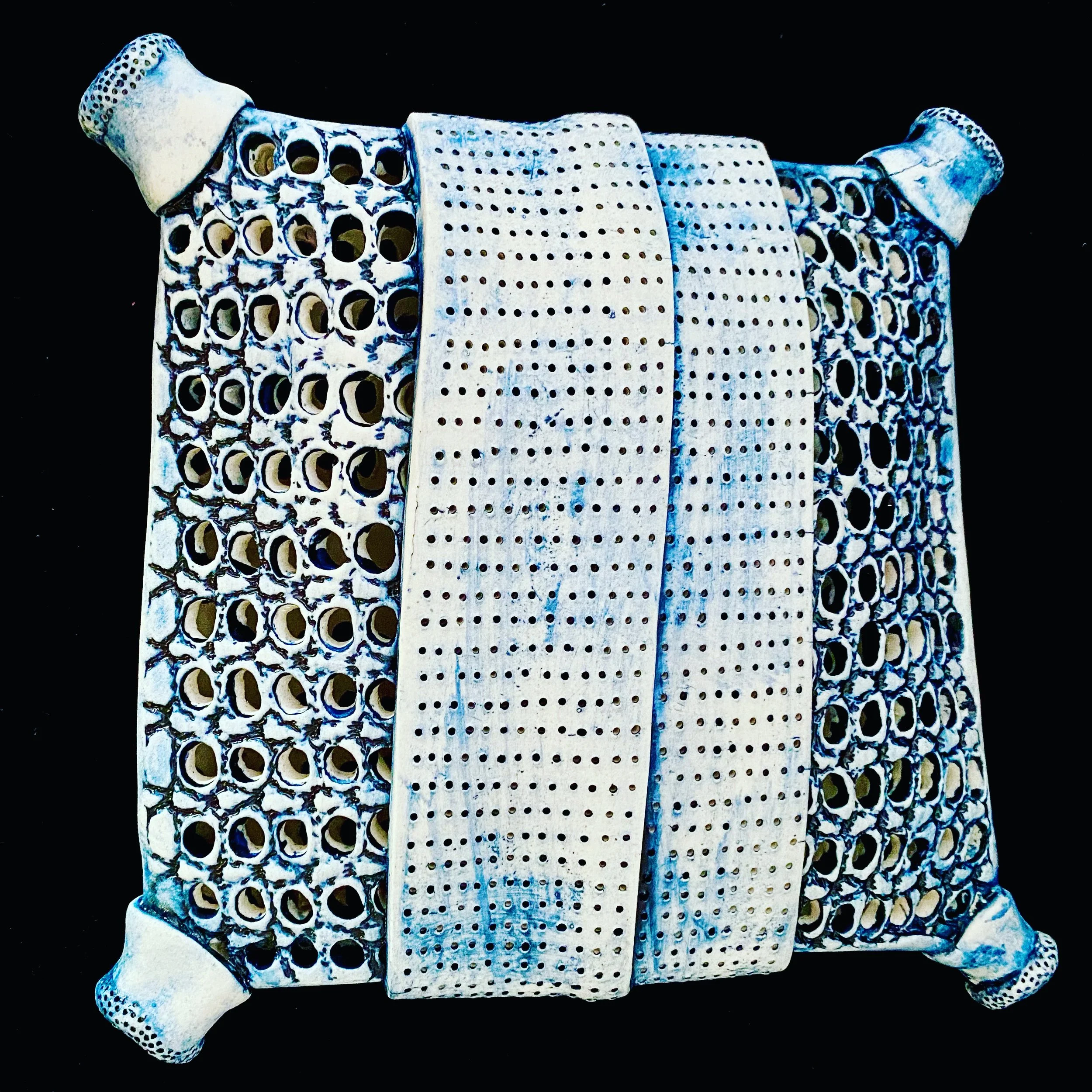 Pierced pillow diatom sculpture, cobalt wash