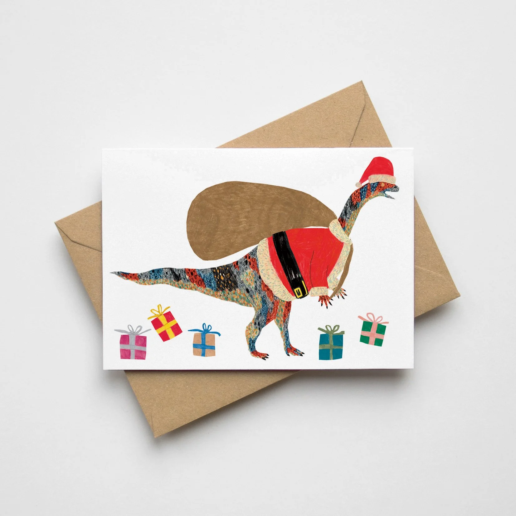 Dinosaur Santa Christmas Greeting Card