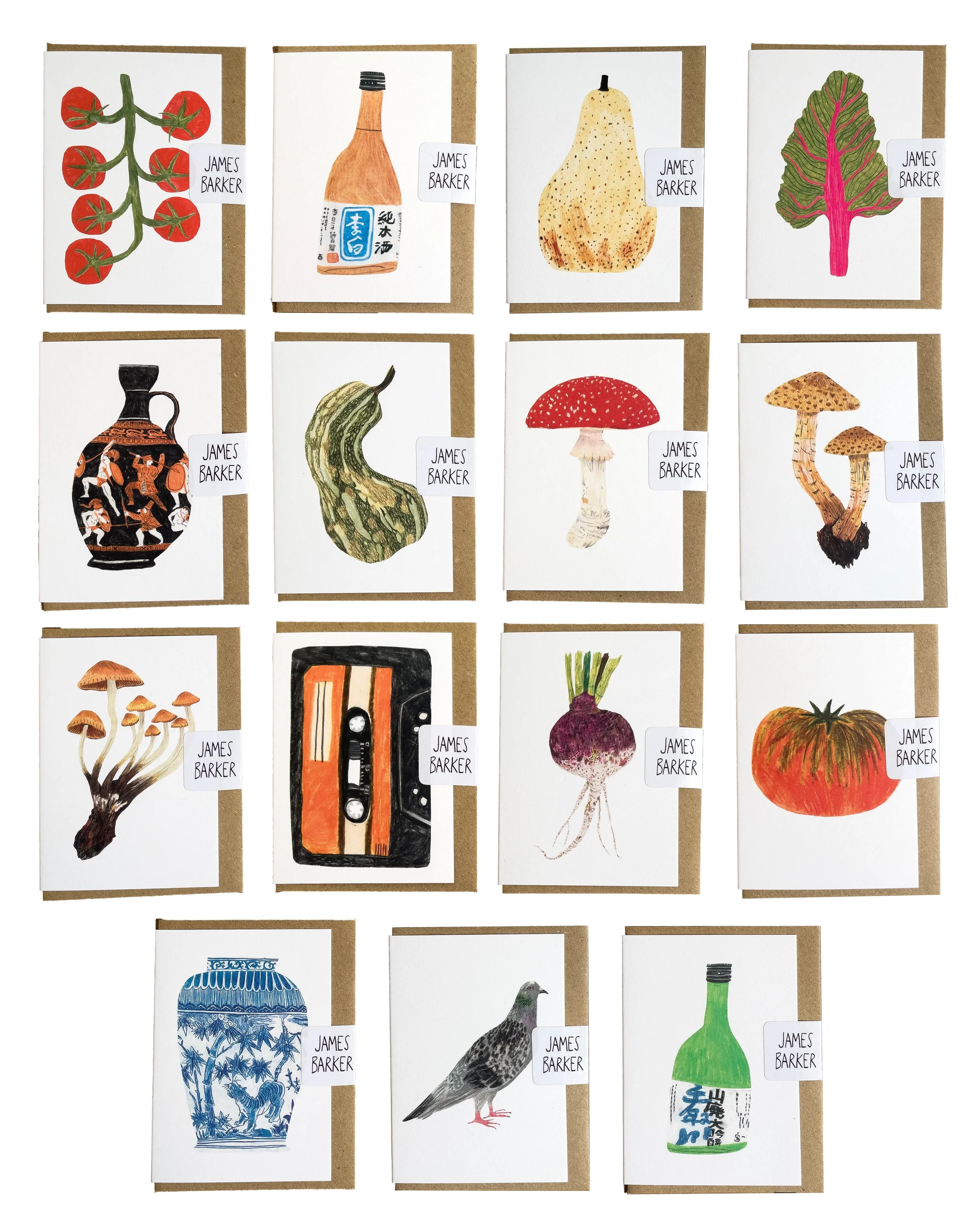 set of miniature greeting cards each featuring individual items. Including tomatoes on the vine, sake bottles, white pear, antique vases and mushrooms, all originally hand illustrated by James Barker.