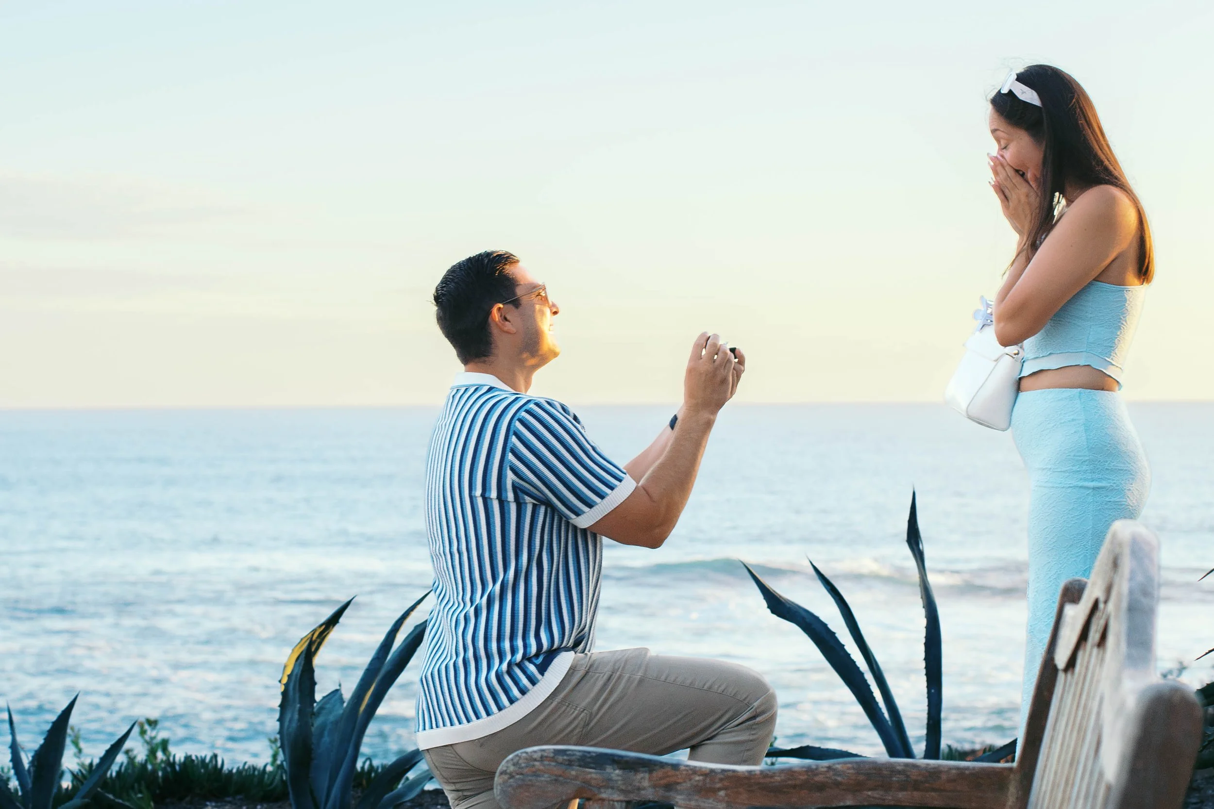 Andrew proposing to Chloe near Montage Laguna Beach overlooking the ocean