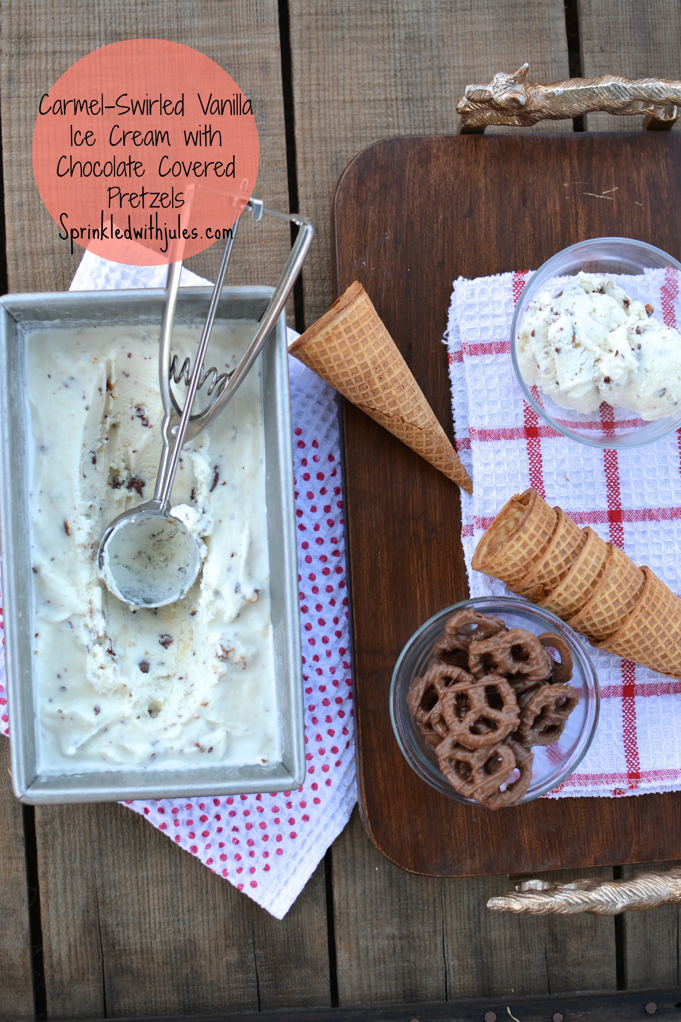   Caramel-Swirled Vanilla Ice Cream with Chocolate Covered Pretzels  