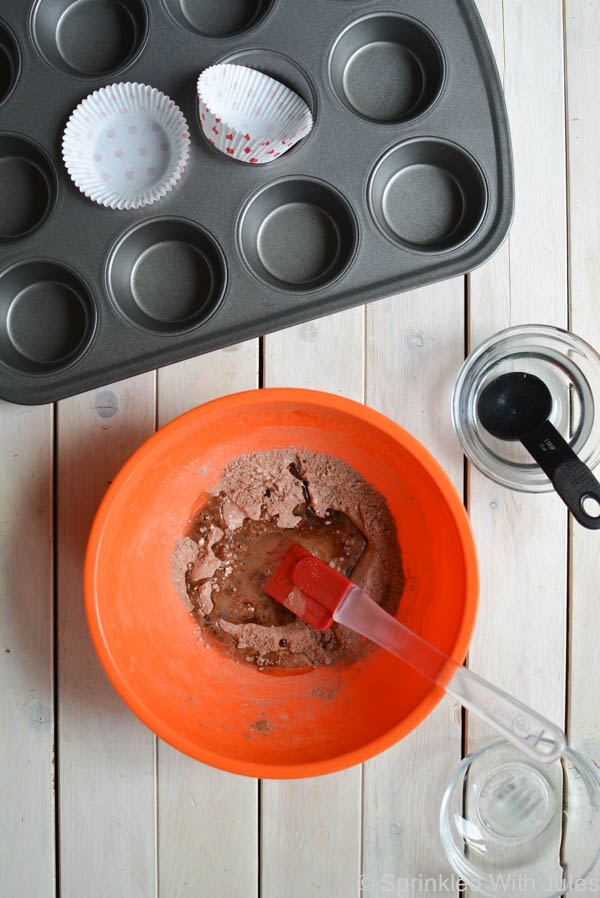 Chocolate Cupcakes for 2. This simple recipe just makes 2 cupcakes! The perfect small batch for chocolate cravings.  / Sprinkled With Jules