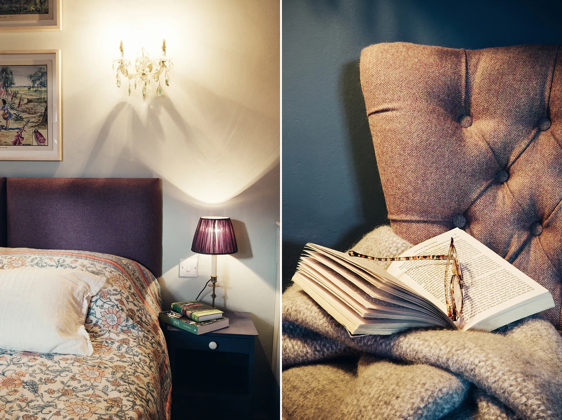 Split image of a bedroom and a reading nook. The bedroom features a bed with a floral bedspread, pillows, a nightstand with books and a lamp, artwork on the wall, and a chandelier. The reading nook has a tufted upholstered chair with an open book and