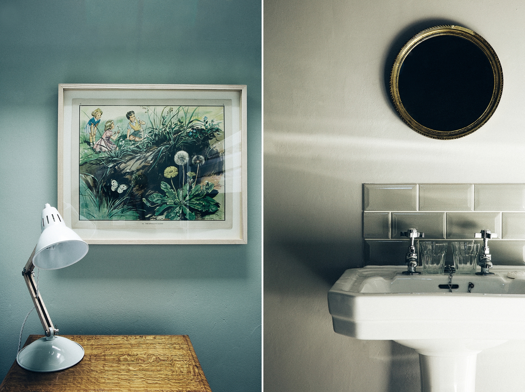 A split image showing a room with a framed artwork of children in nature on the left and a bathroom with a sink and a round mirror on the right.