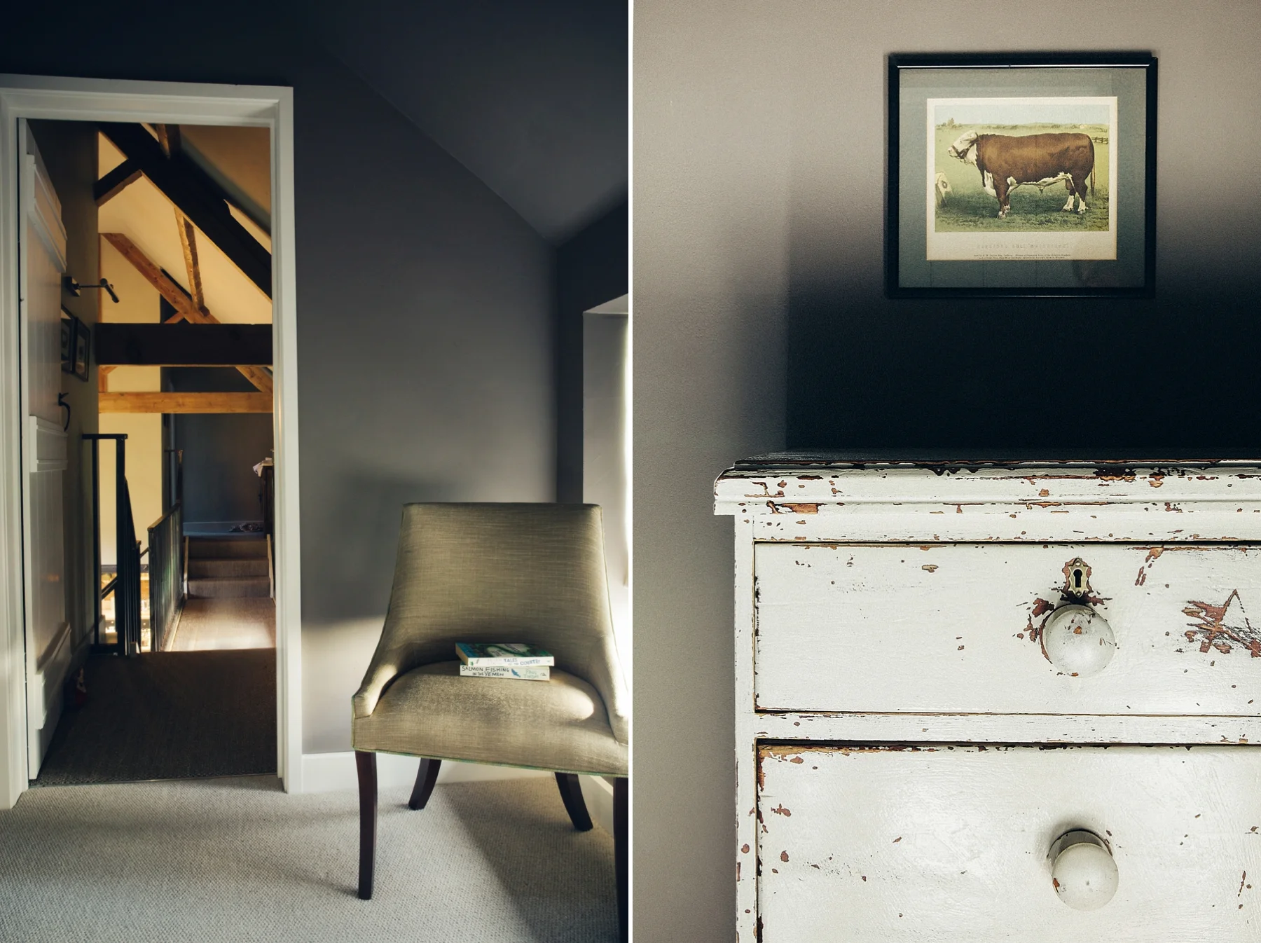 Split view of an interior: left side shows a doorway leading to a staircase with exposed wooden beams, beige walls, and a beige armchair with books; right side shows a close-up of a distressed white dresser with a framed picture of a cow and calf han