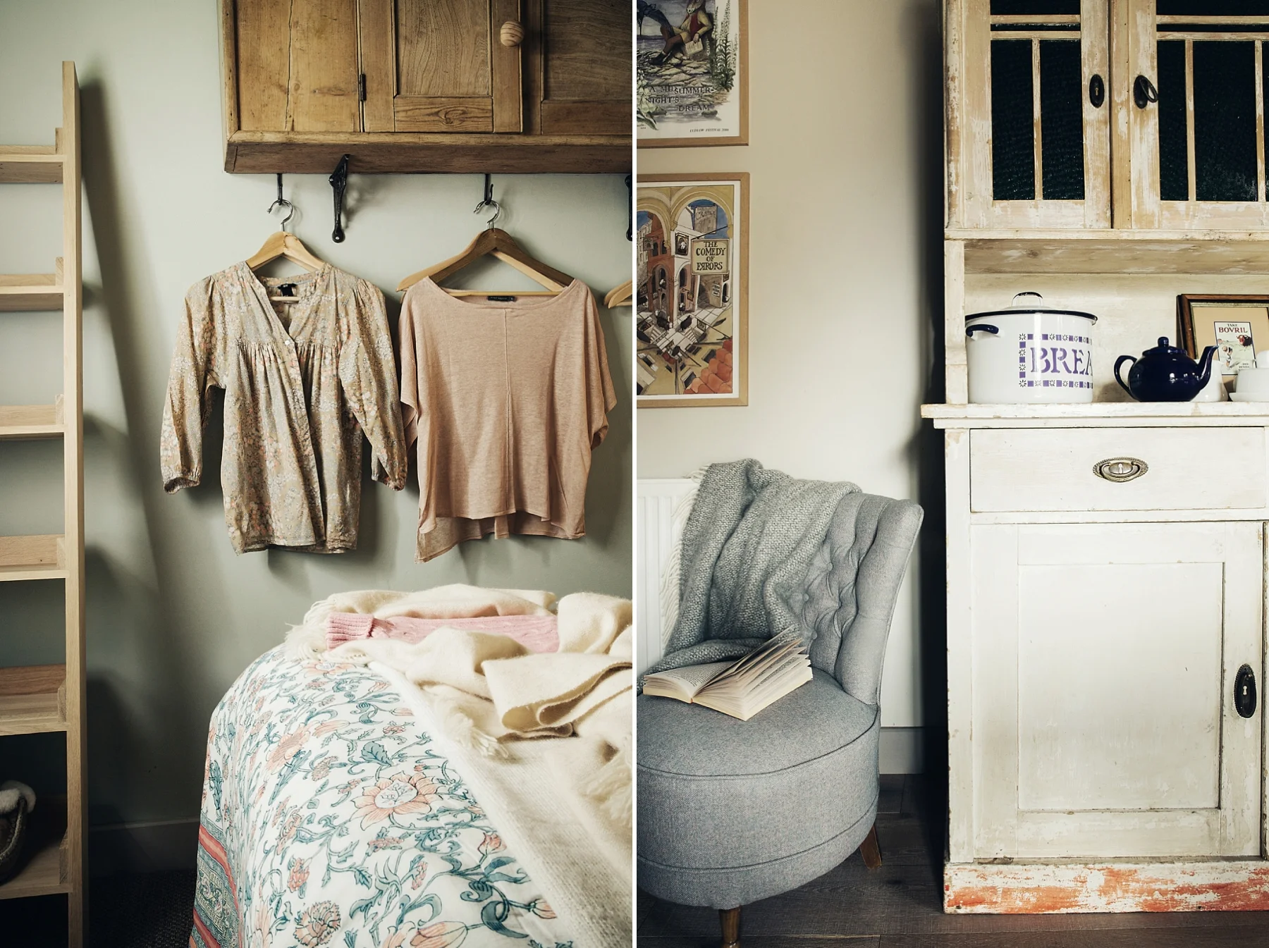 Interior view of a bedroom with hanging clothes, a bed with a blanket, and a cozy chair with an open book, alongside a kitchen cabinet with tea pots and framed pictures.