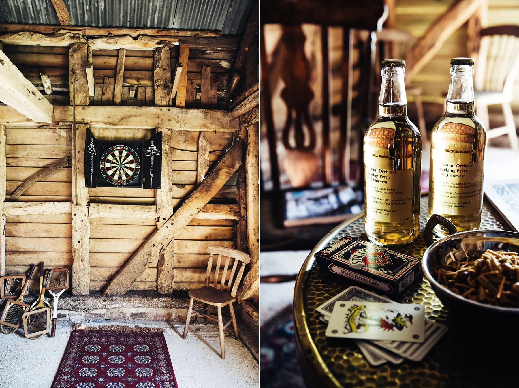 Left side: rustic wooden shed interior with dartboard, two chairs, and a small rug; right side: table with two bottles of alcoholic beverages, a deck of playing cards, a bowl of snacks, and a box of playing cards.