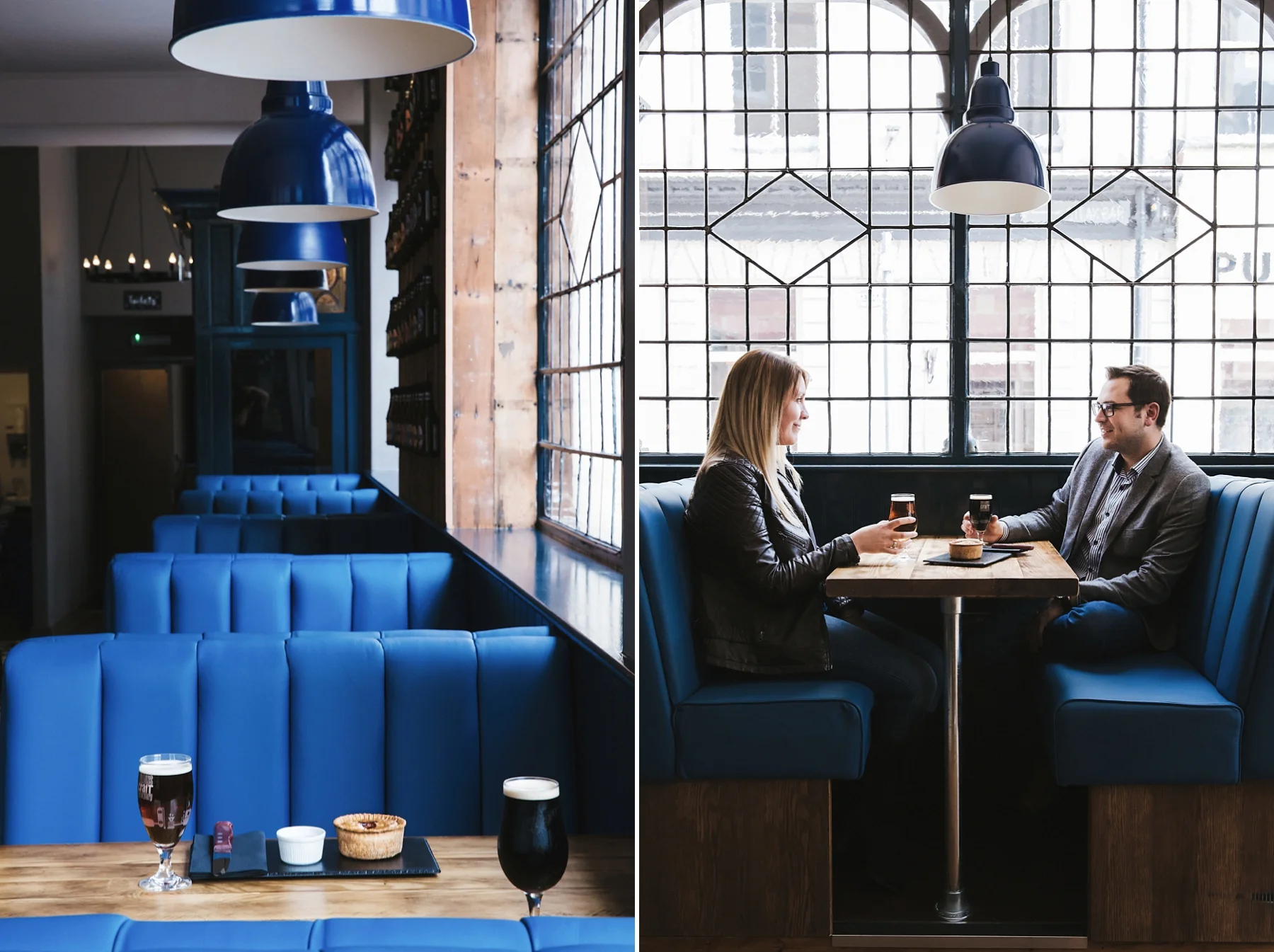 A split image showing the interior of a modern restaurant or bar with blue booths and large industrial-style windows. The left side displays empty booths with beverages and snacks on the table, while the right side shows a woman and a man sitting acr
