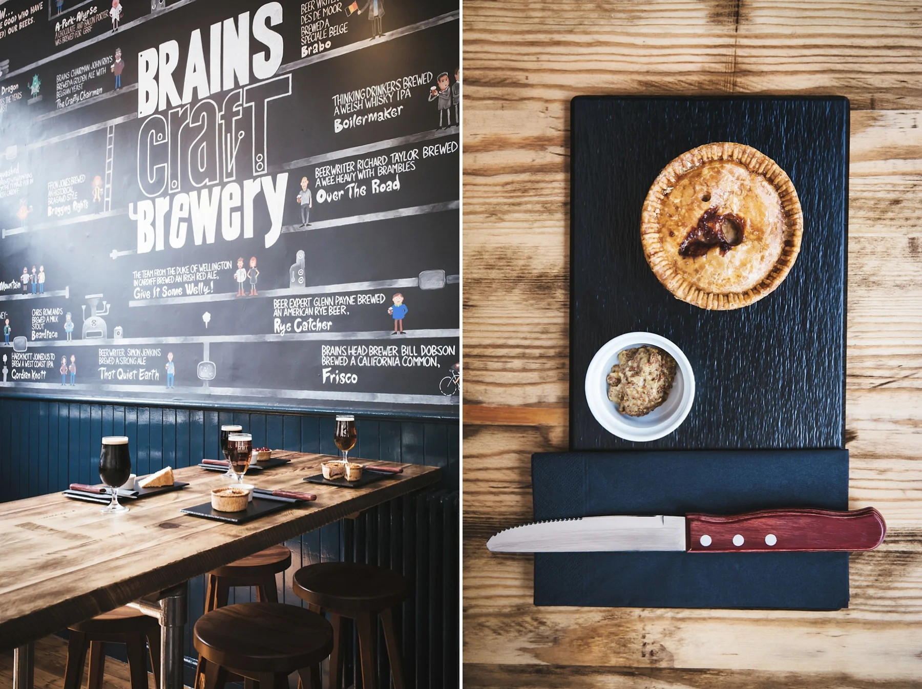 A chalkboard wall with craft brewery names and descriptions on the left, and on the right, a table setting with a pie, a small bowl with a scoop of food, a knife, and a dark napkin on a wooden table.