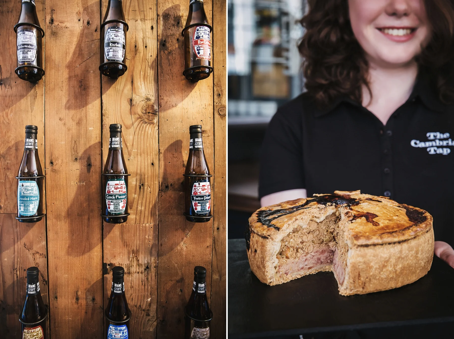 Six bottles of craft beer mounted on a wooden wall on the left side, and a woman holding a slice of meat pie while smiling on the right side.