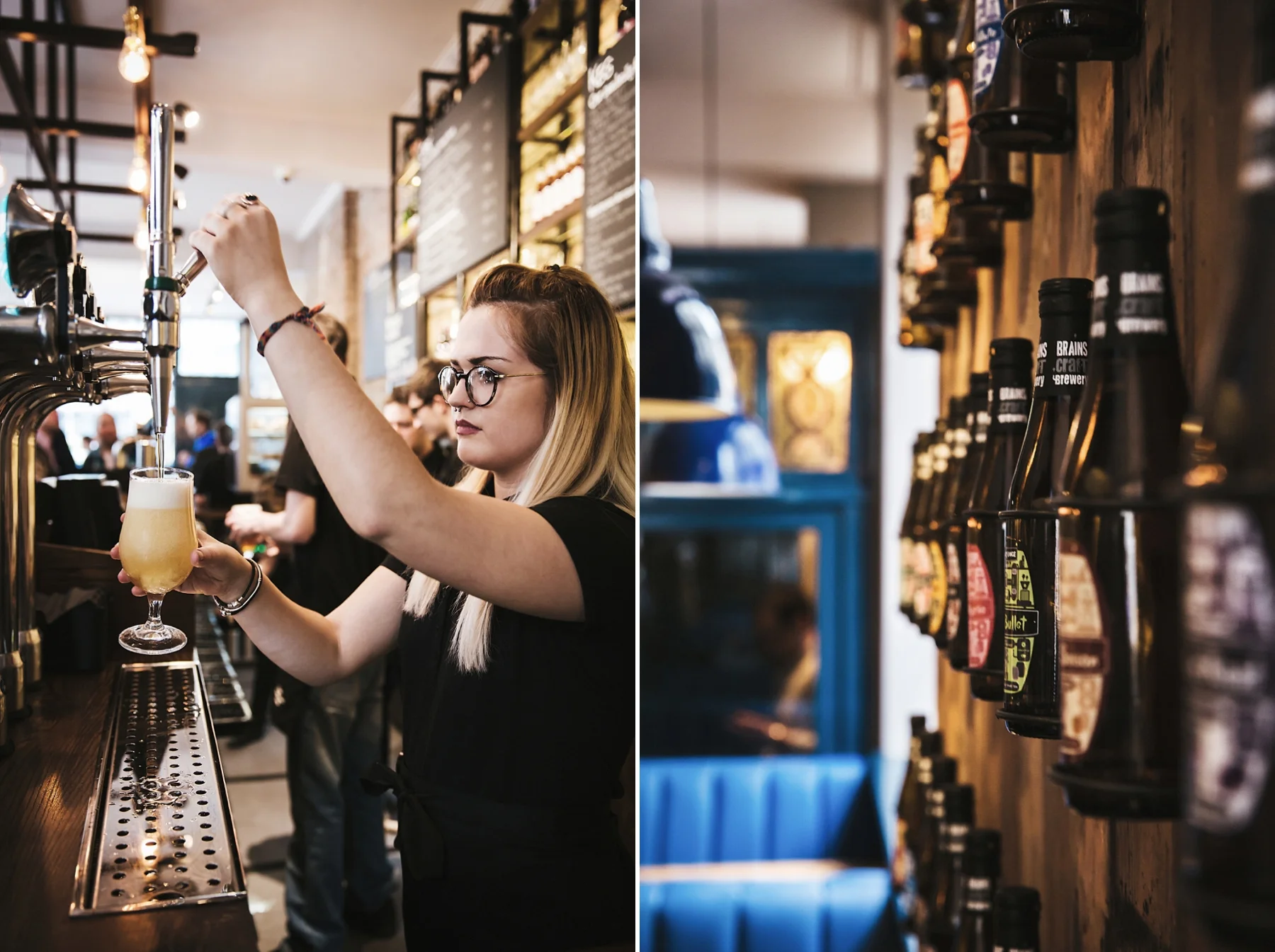 A woman with glasses and blonde hair pours a draft beer at a bar, with other patrons in the background. The right side shows shelves with bottled beers on a wooden wall.