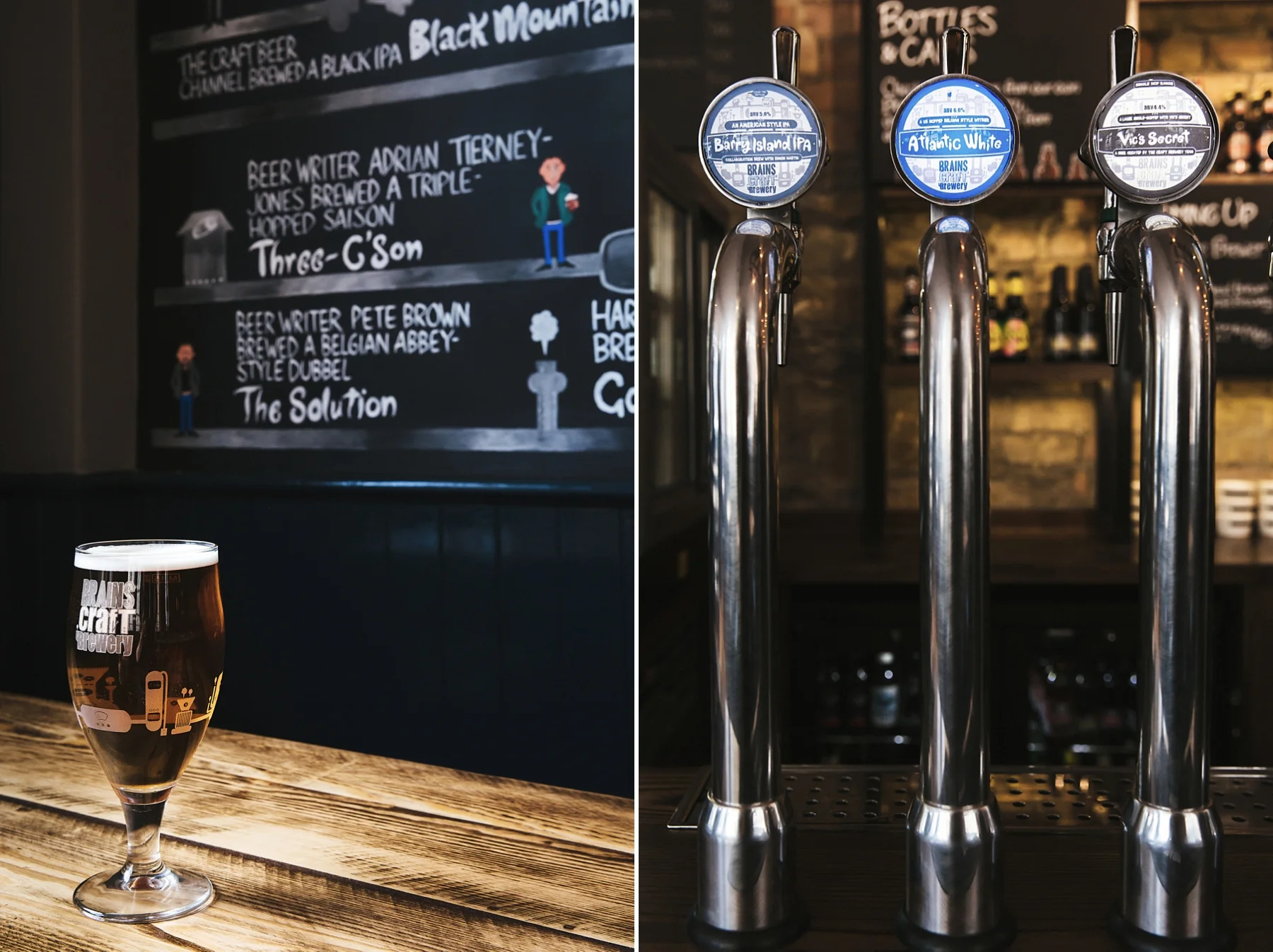 A pint of dark beer on a wooden bar counter with a black chalkboard menu behind it, and three beer taps with labels for Barry Island IPA, Atlantic White, and Vic's Secret.