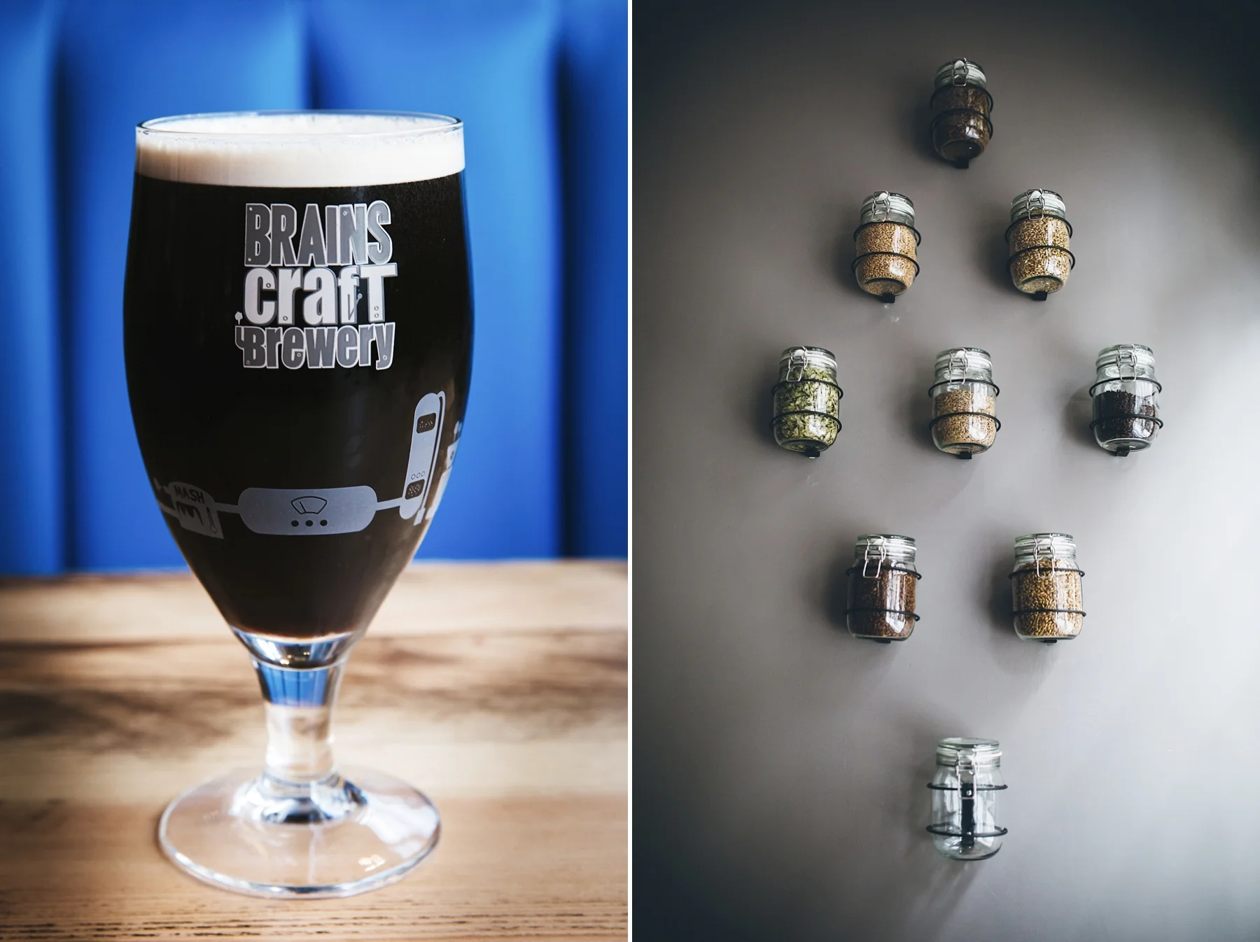 A glass of dark beer with foam on top labeled 'Brains Craft Brewery' on the left; jars of spices mounted on a gray wall on the right.