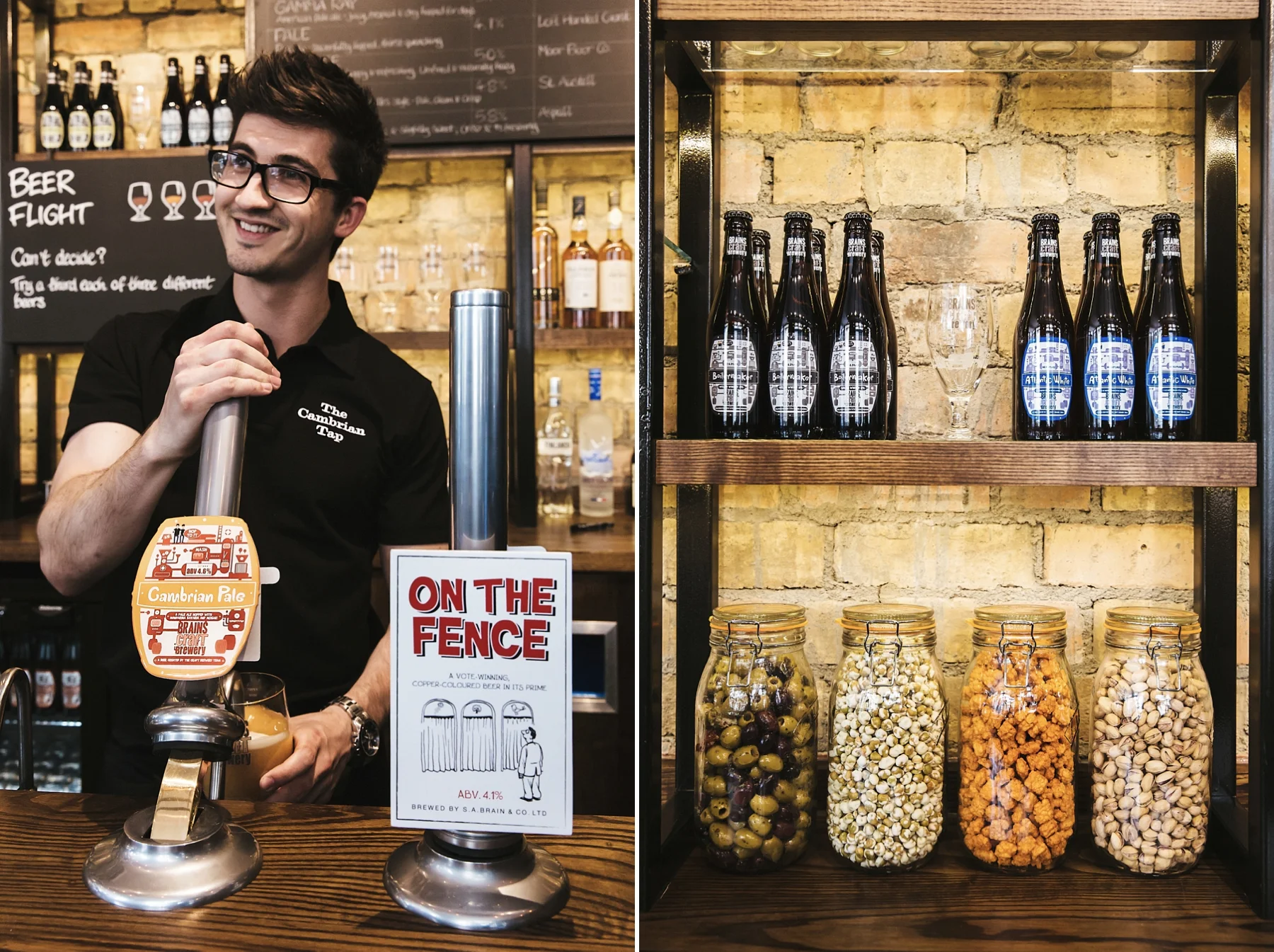 A smiling man in glasses serves beer at a bar next to a sign that says 'On the Fence' and displays four beer glasses. Behind him, shelves hold bottles of alcohol. To the right, bottles of beer and jars of snacks or ingredients are arranged on a shelf
