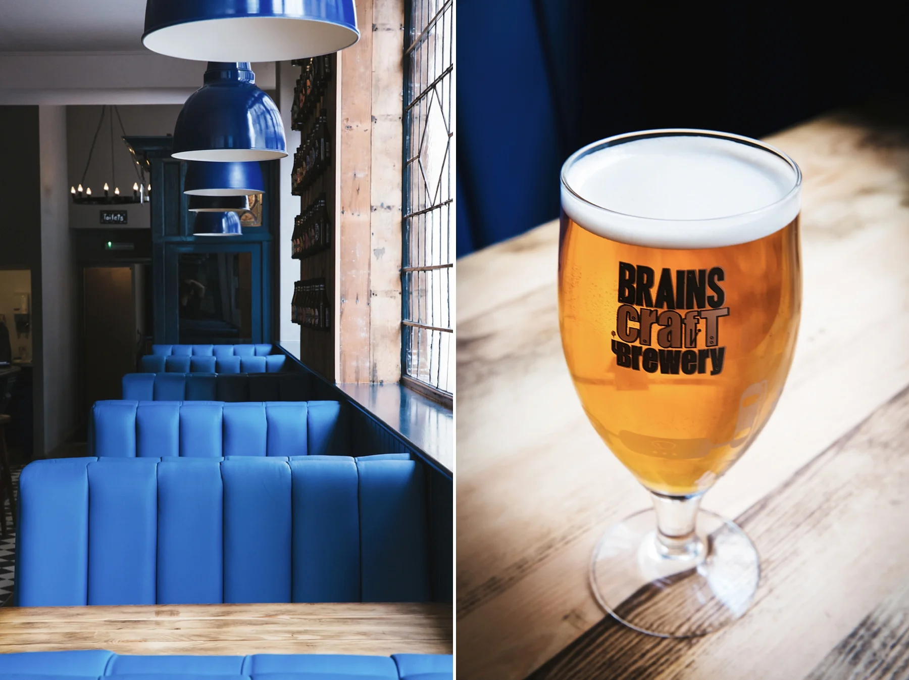 Interior of a brewery with blue booths and hanging blue lamps on the left, and a close-up of a beer glass with a logo 'Brains Craft Brewery' on the right.