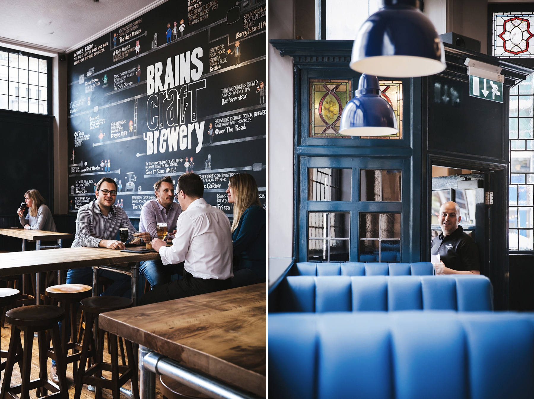 Interior of a craft brewery with people enjoying drinks at tables and a large chalkboard menu on the wall titled "Brains Craft Brewery."