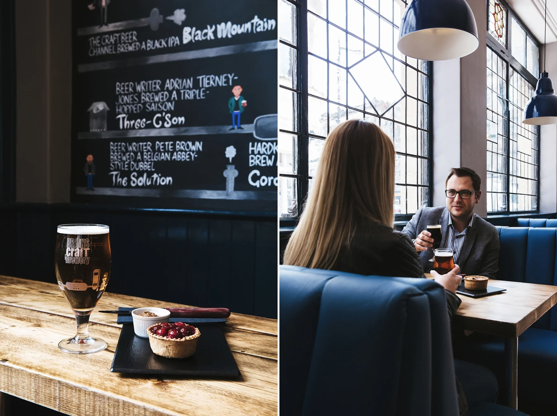 A chalkboard menu listing craft beers, a glass of dark beer with a logo, a tart with berries, and a small bowl on a wooden table. In a separate scene, two people are seated in a modern café with large windows, holding glasses of dark beer, with pastr