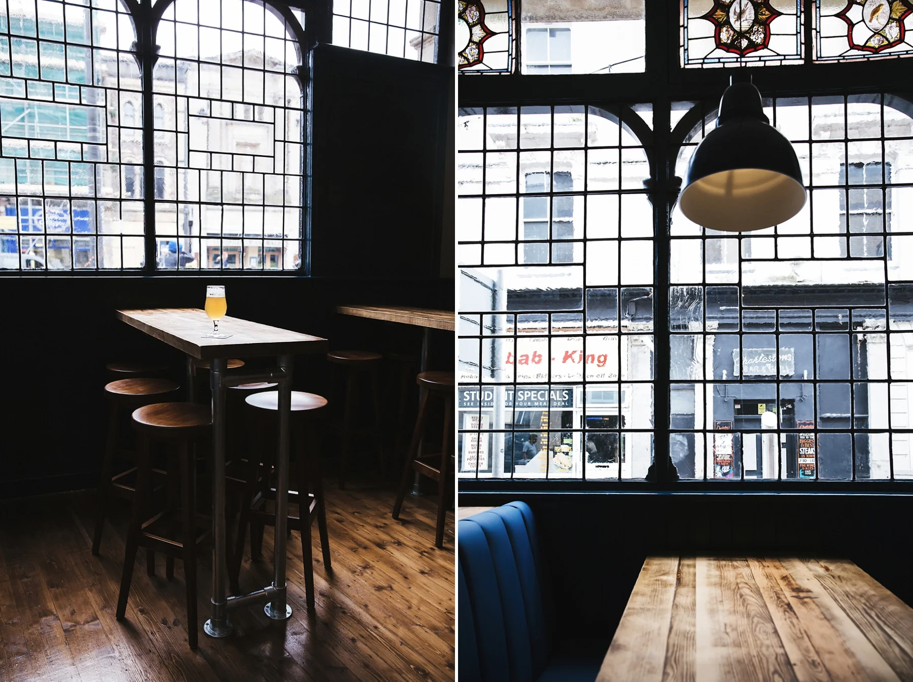 Side-by-side images of a cafe interior. The left image shows a high table with a glass of yellow beverage and chairs, with a large window behind. The right image displays a wooden table with a booth seat, a hanging lamp, and large window panes showin
