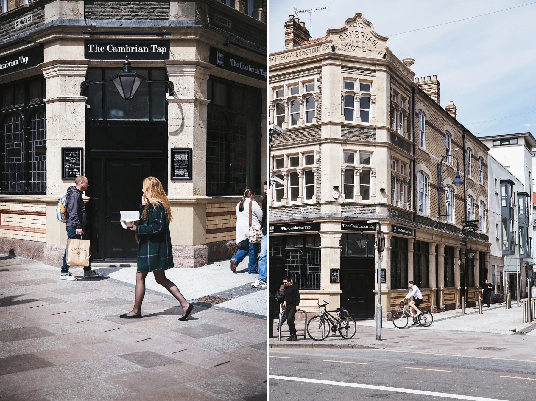 Side-by-side photos of buildings on a city street. The left shows the front of a pub called 'The Cambrian Tap' with people walking past, and the right shows a corner view of the same building with bicycles and pedestrians.