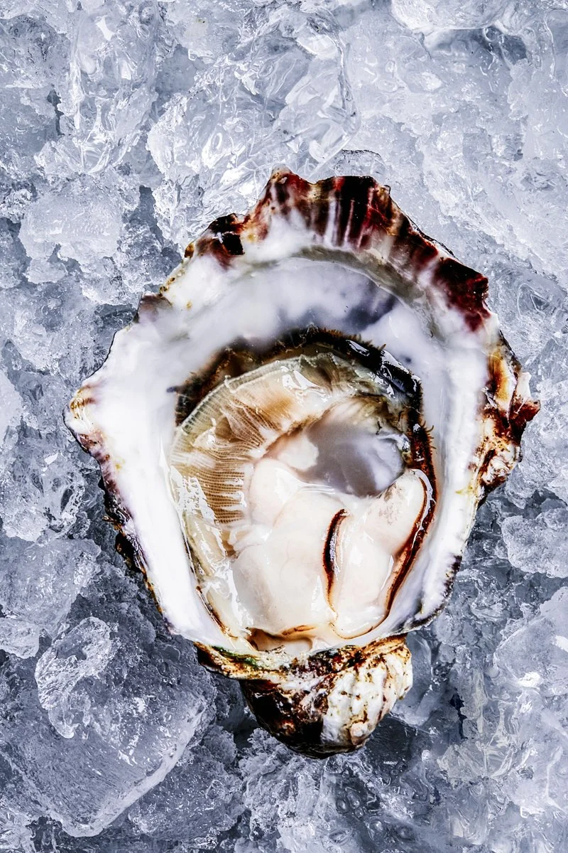 Open oyster shell on ice with the oyster meat inside