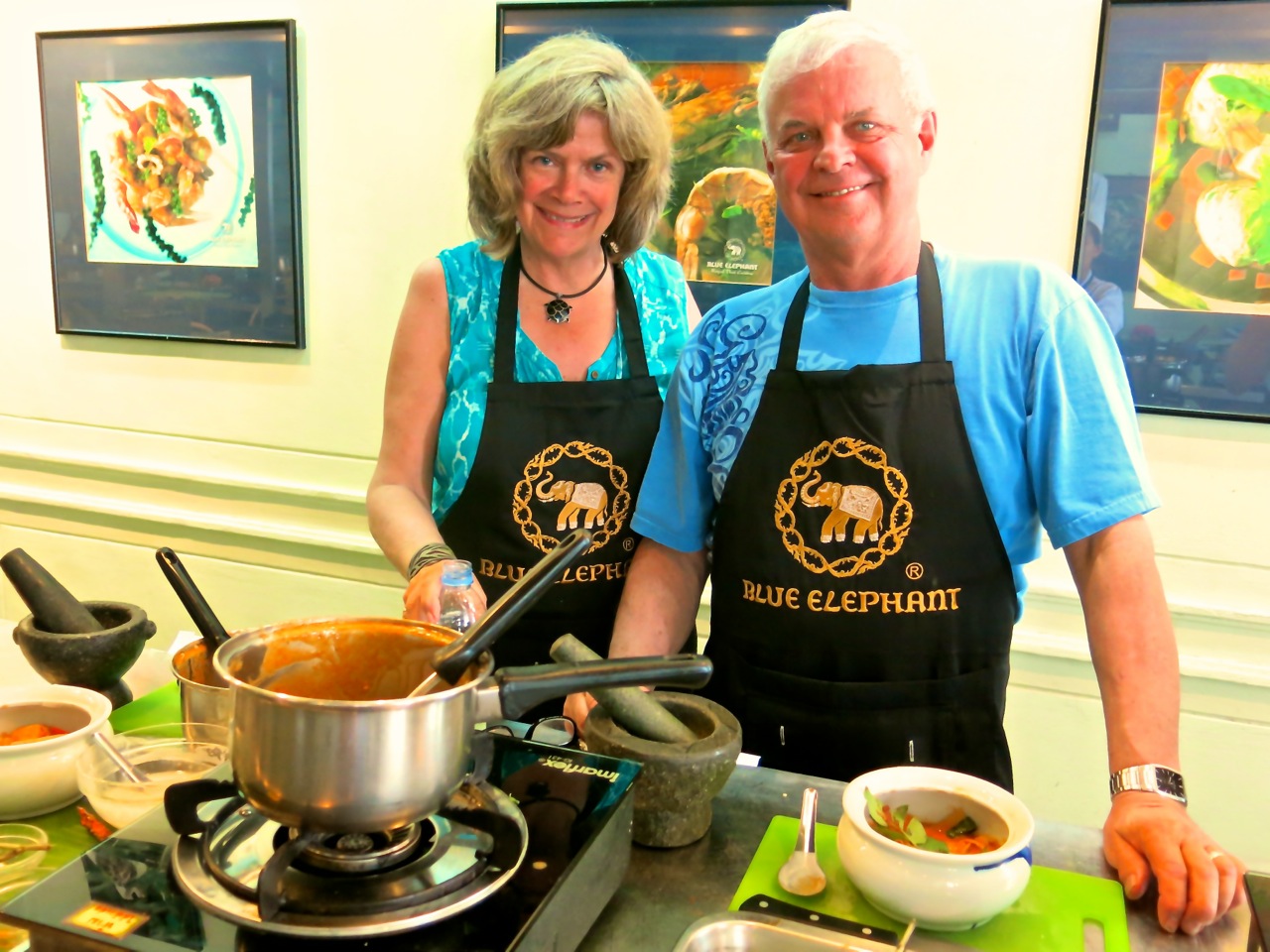 Sue and Bob Frause at Blue Elephant Cooking School in Bangkok, Thailand.