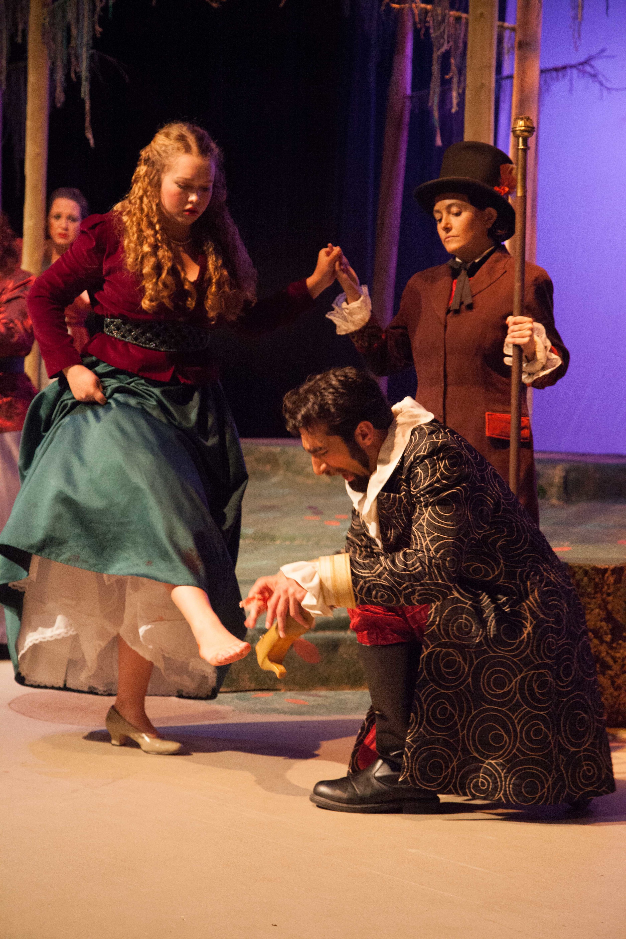 Lucy Pearce as The Steward with Hannah McConnaughey as Lucinda and Ethan Berkley as Cinderella's Prince in Into the Woods, October 2014 - photo by j shu images