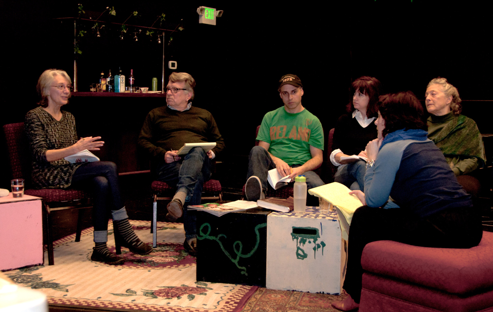 Shelley Hartle (Polly), Andrew Grenier (Director, Lyman), David Mayer (Trip), Deana Duncan (Brooke), Lucy Pearce (Associate Director), Heather Ogilvy (Silda), Photo by Steve Ford