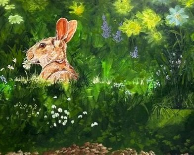 Cheryl Weisz painting of rabbit in green meadow
