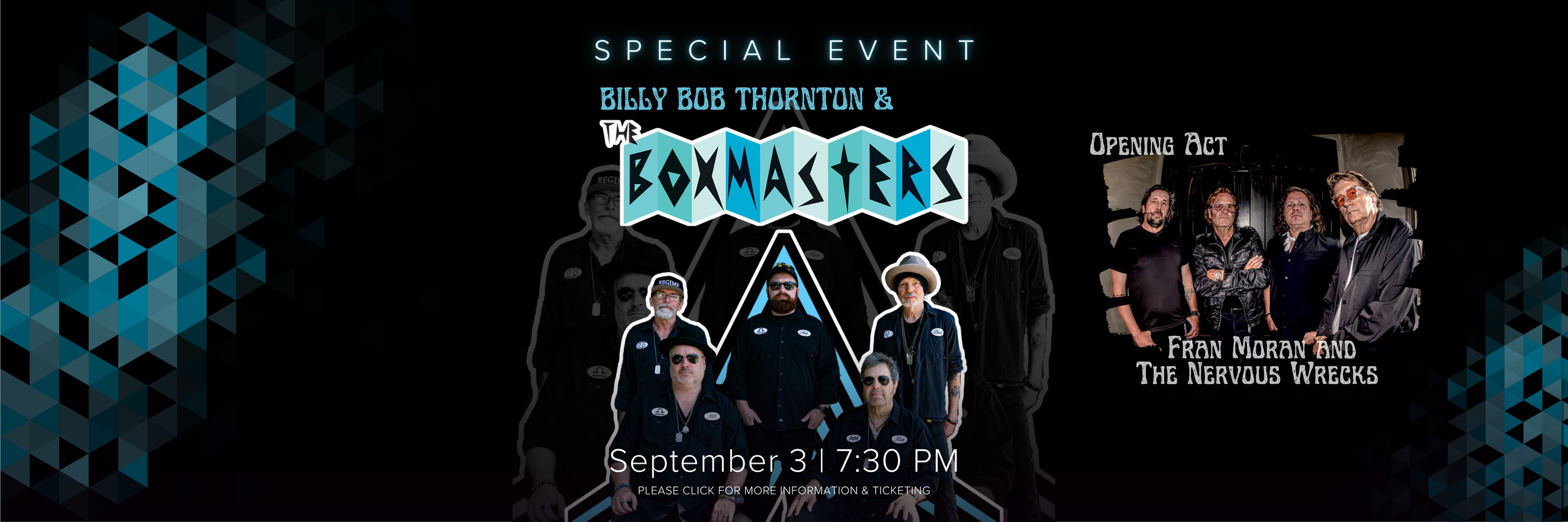 Promotional graphic for a concert featuring Billy Bob Thornton & The Boxmasters with opening act Fran Moran and The Nervous Wrecks. The Boxmasters’ band members are pictured in stylized cutouts at the center, with their name in large block letters. T