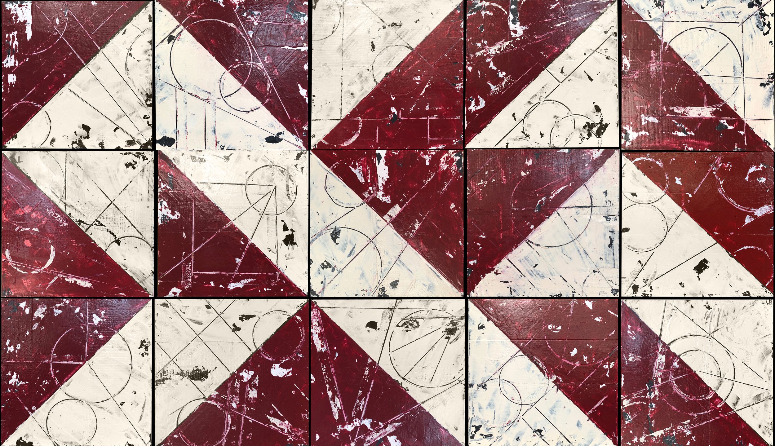 Image of the painting Dazzle 1915 which features 15 square panels with red and white geometric shapes