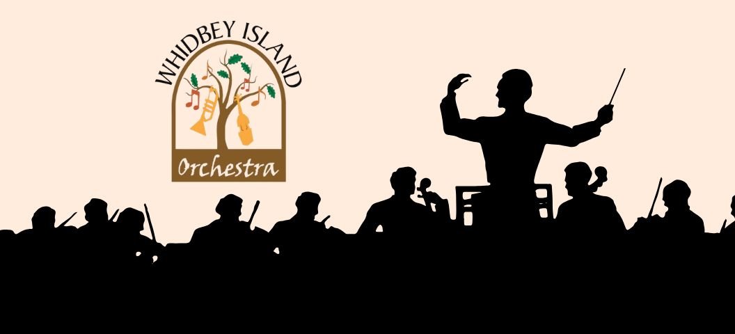 Silhouette of orchestra on tan background with the Whidbey Island Orchestra logo