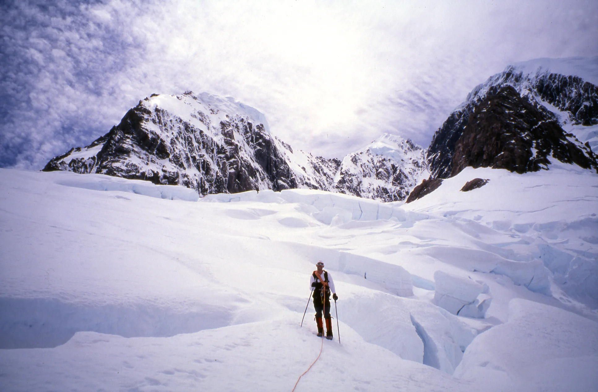 Walking out after a trip up to "Mother Empress," summer 1996. L to R: Mt. Hicks south face, Mt. Dampier, Mt. Cook's Sheila and Hooker faces. Empress Hut is on the rocky outcrop directly beneath Green saddle (the col between Dampier and Cook).