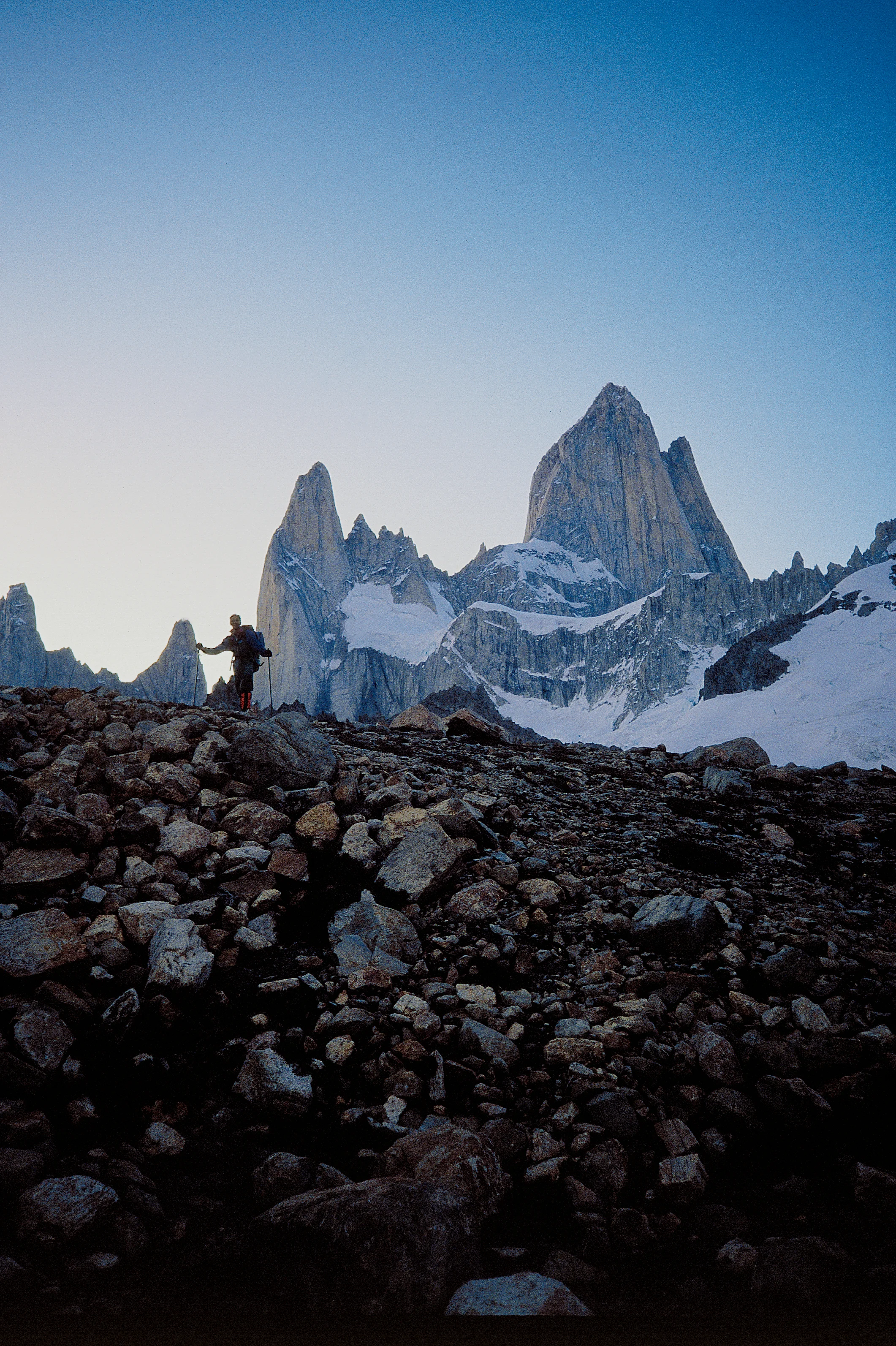 Beneath the awesome Fitz Roy after our ascent of the north pillar (right skyline).