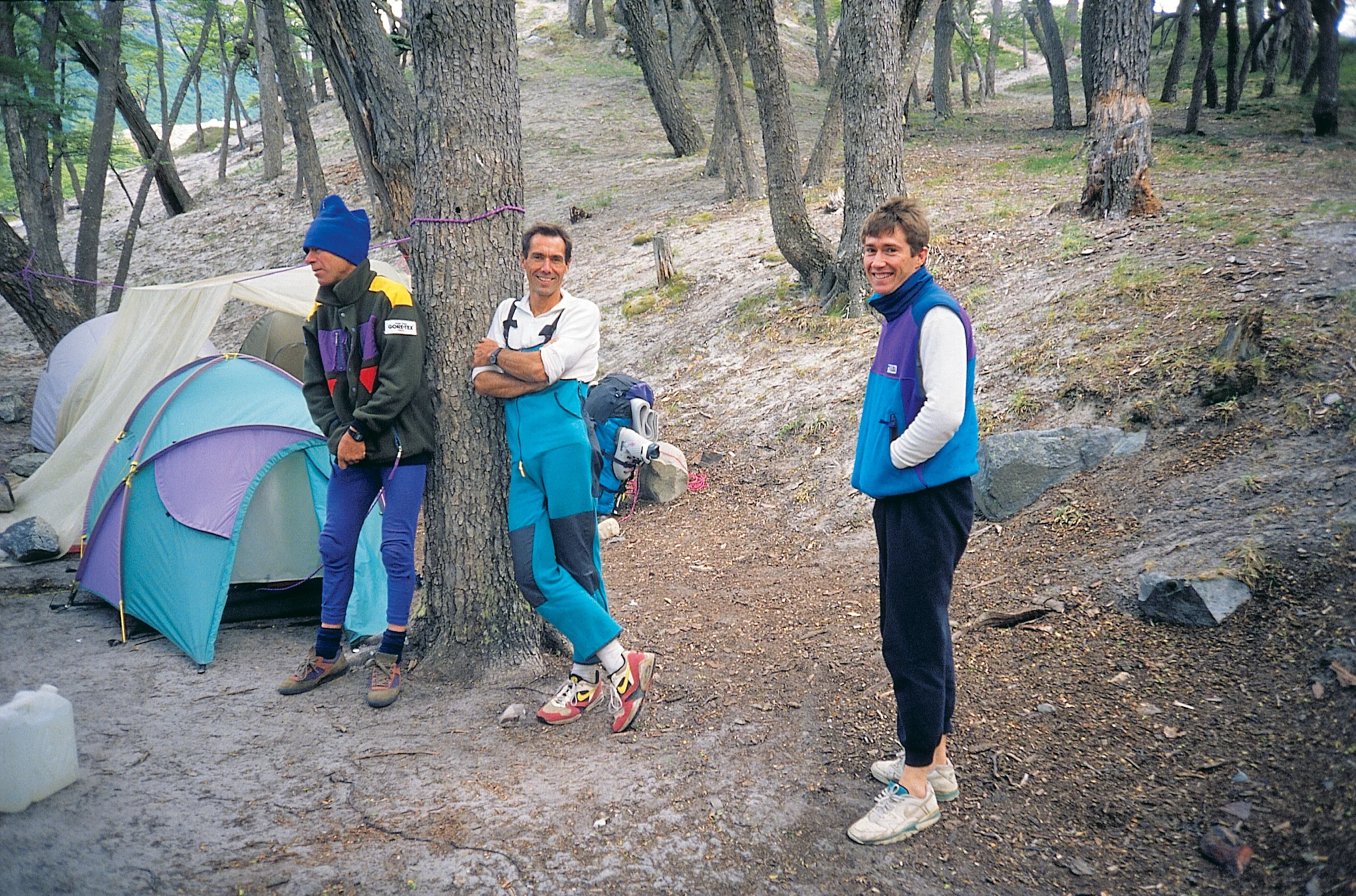 At Cerro Torre base camp, January 1994.&nbsp;L to R: John Fantini, Athol Whimp, Simon Parsons.