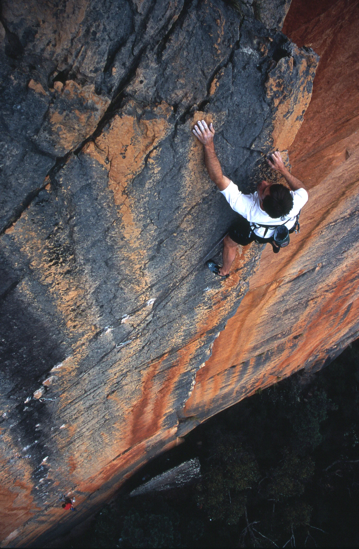 At the top of the first pitch of "Archimedes' Principle" (25), Eureka Wall, Grampians, 2004. Photo: Athol Whimp.