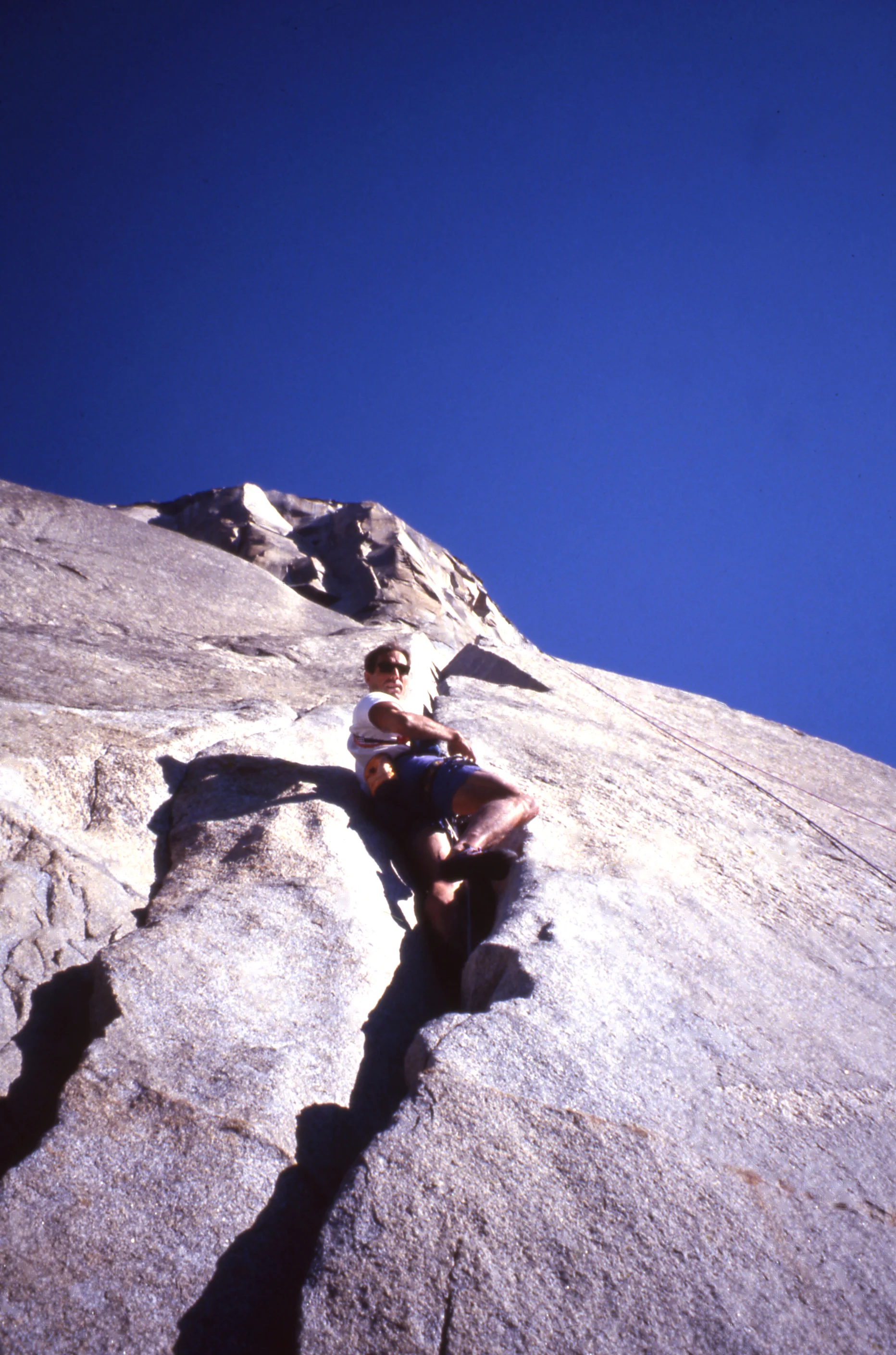 Under the California sun: Athol climbing the Stoveleg pitches of The Nose,&nbsp;El Capitan, during a 15 hour ascent in 1994.