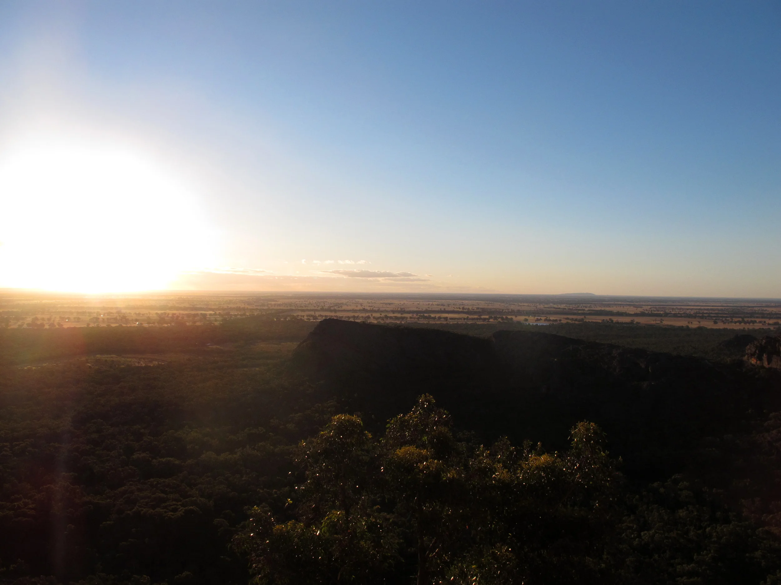 Looking west from Taipan Wall, Grampians, summer 2012. Mt. Arapiles is on the horizon.