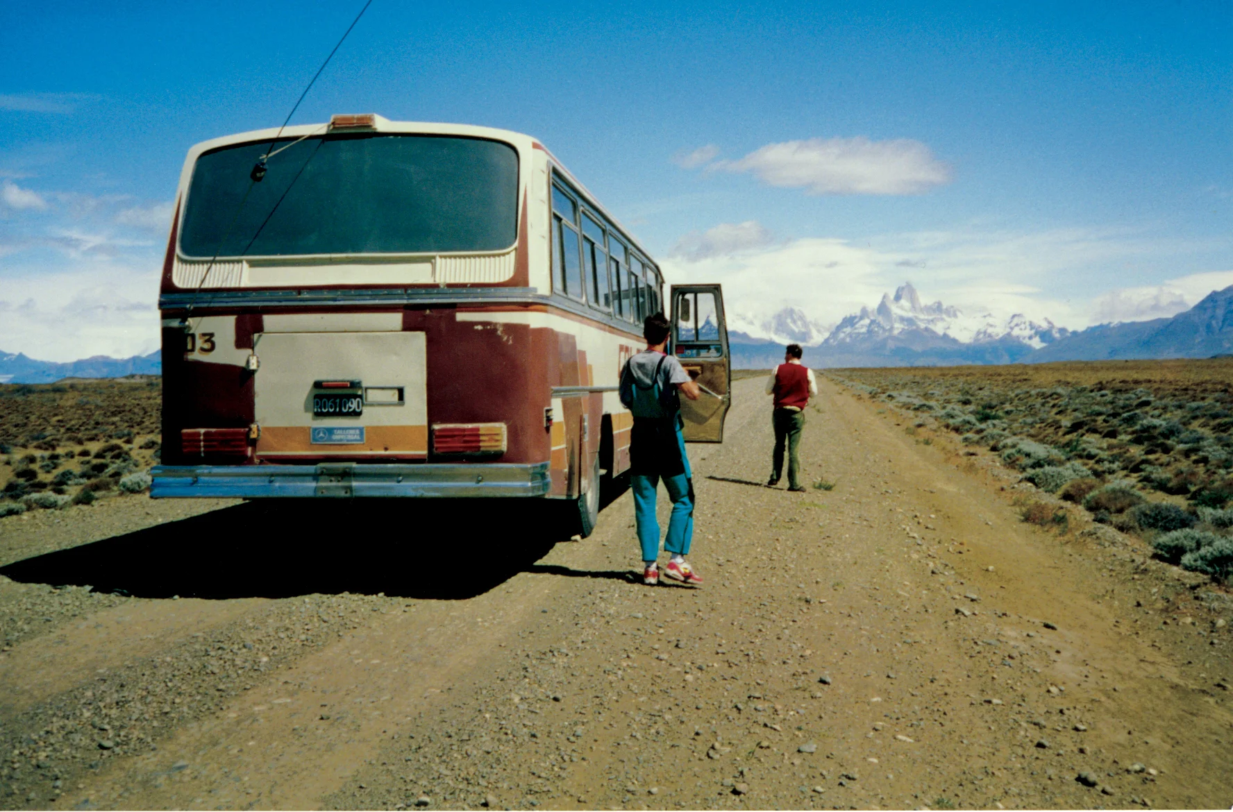 On the road to El Chalten as the unmistakable Fitz Roy looms in the distance, December 1993.